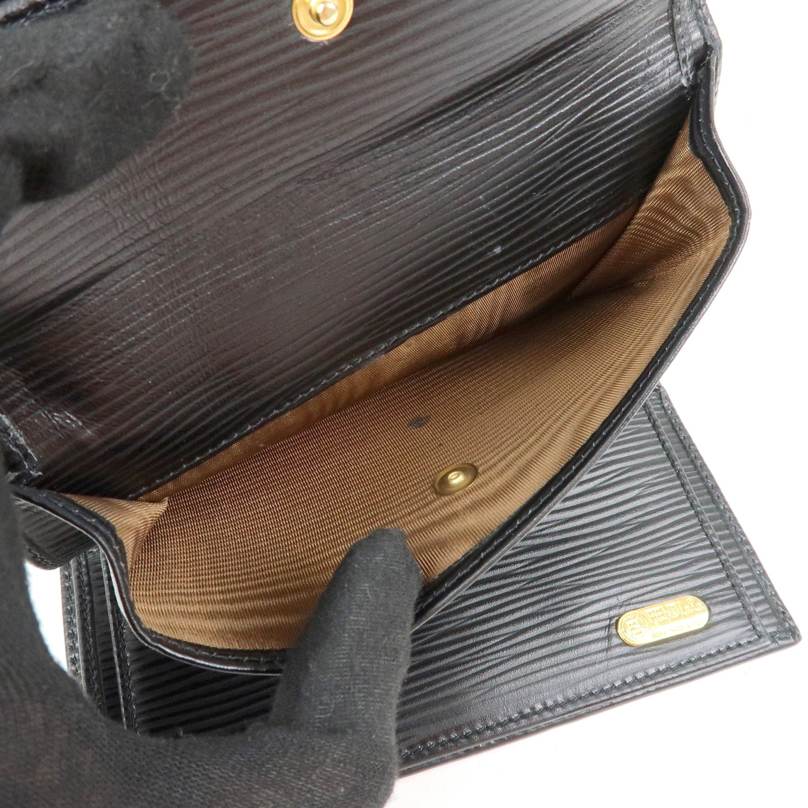 FENDI Embossed Leather Long Flap Wallet Black 30858