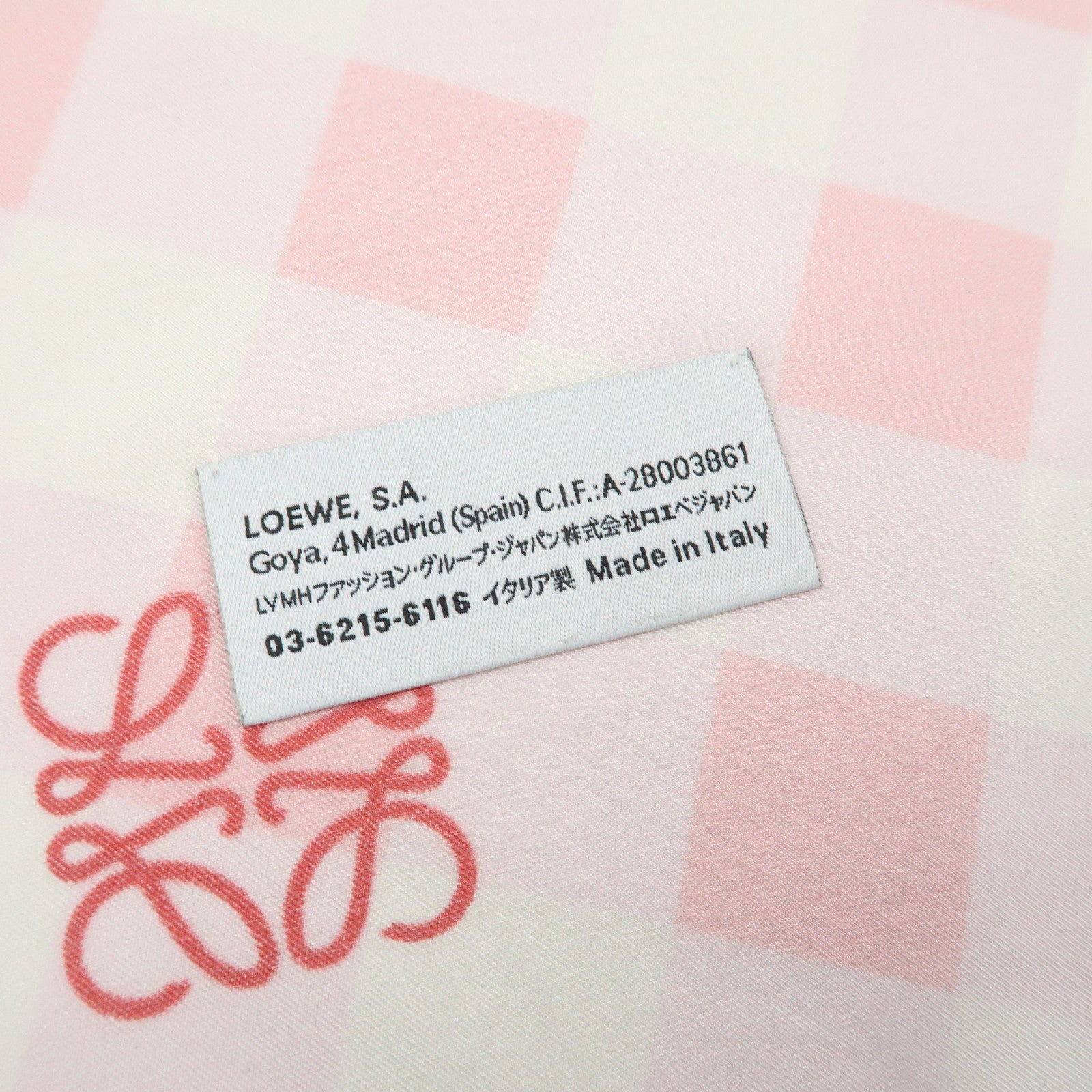 LOEWE Anagram Silk 100% Scarf Gingham Check Pink Beige
