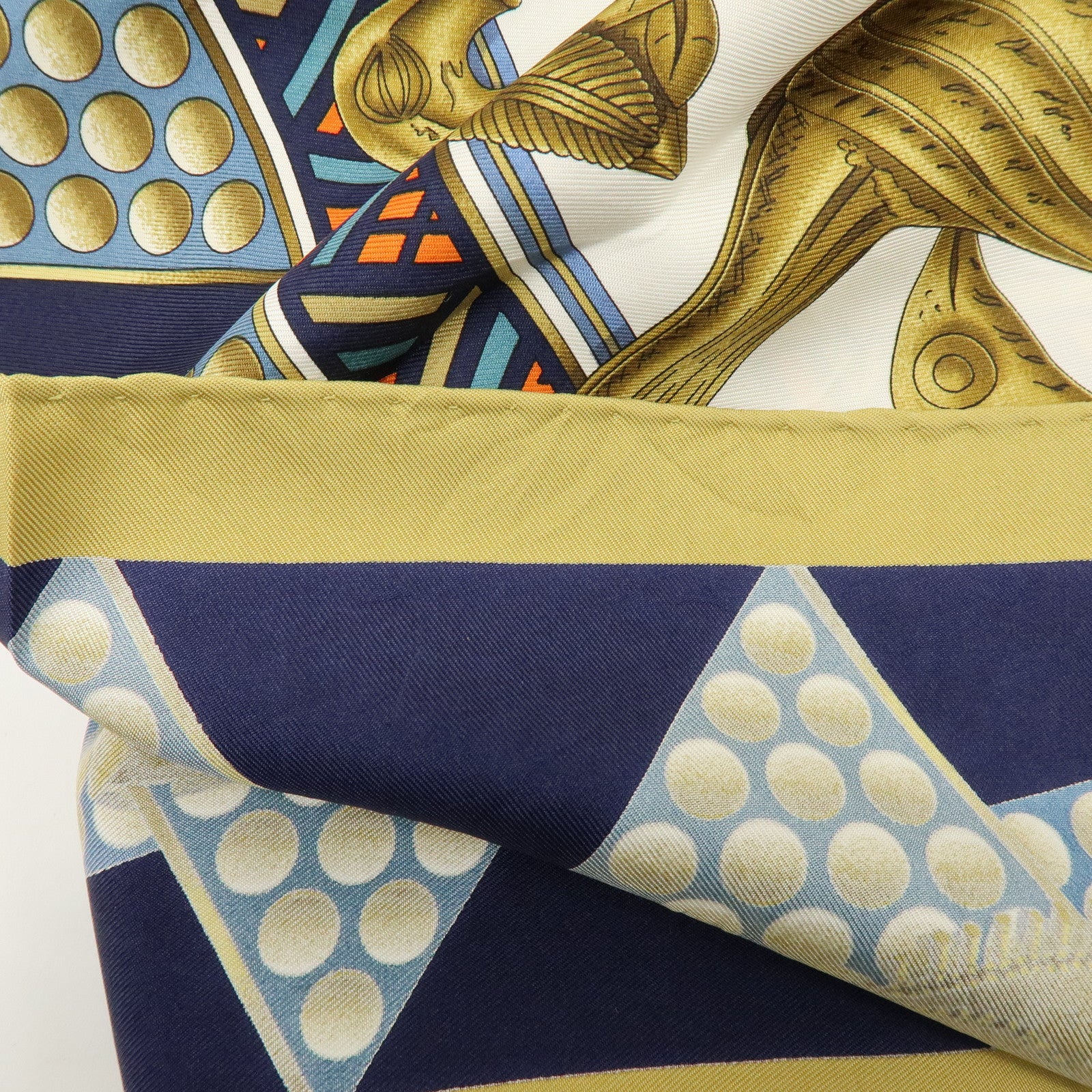 HERMES Carre 90 Silk 100% Scarf L'OR DES CHEFS Gold Navy