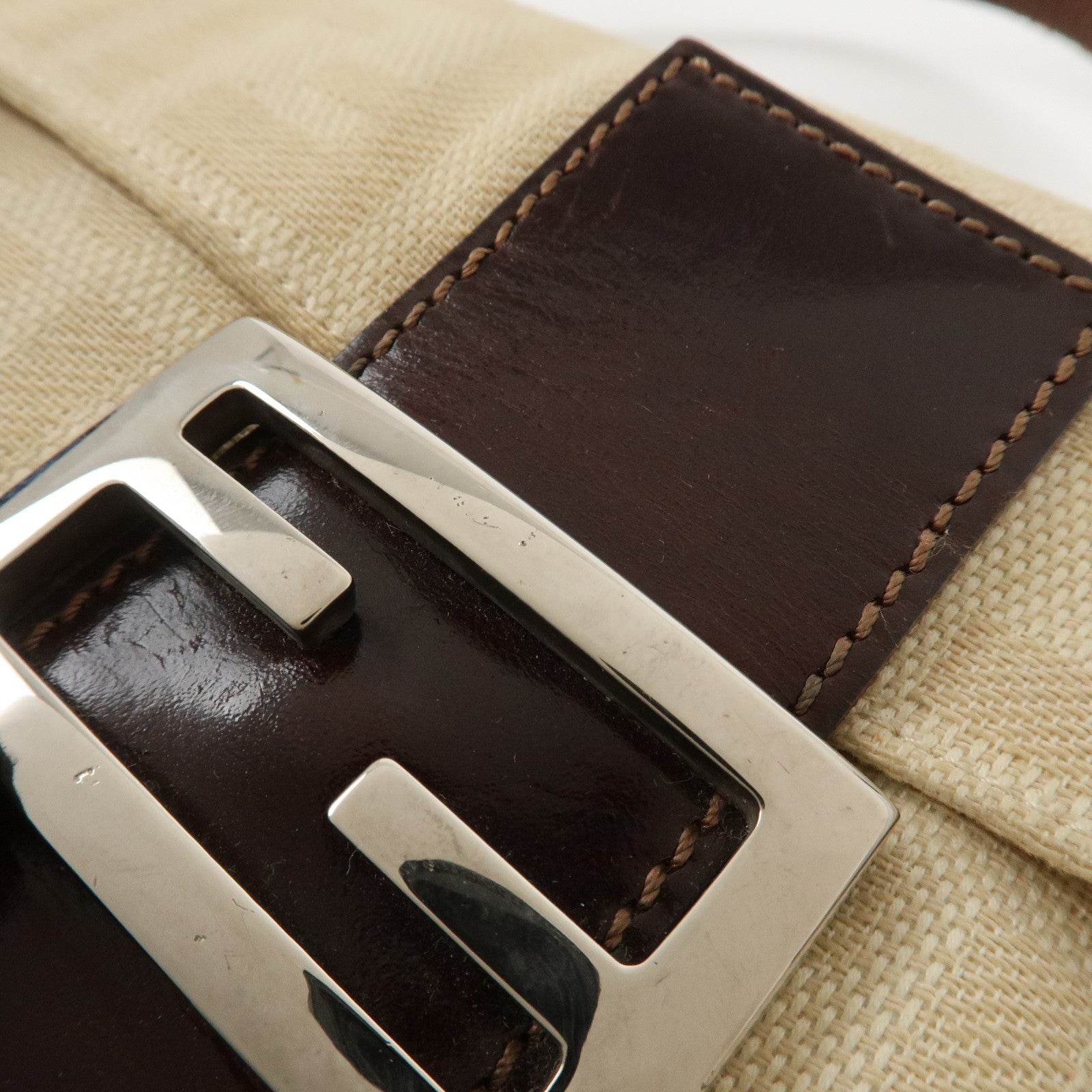 FENDI Mamma Baguette Zucca Leather Canvas Hand Bag Beige Brown 26424 Used