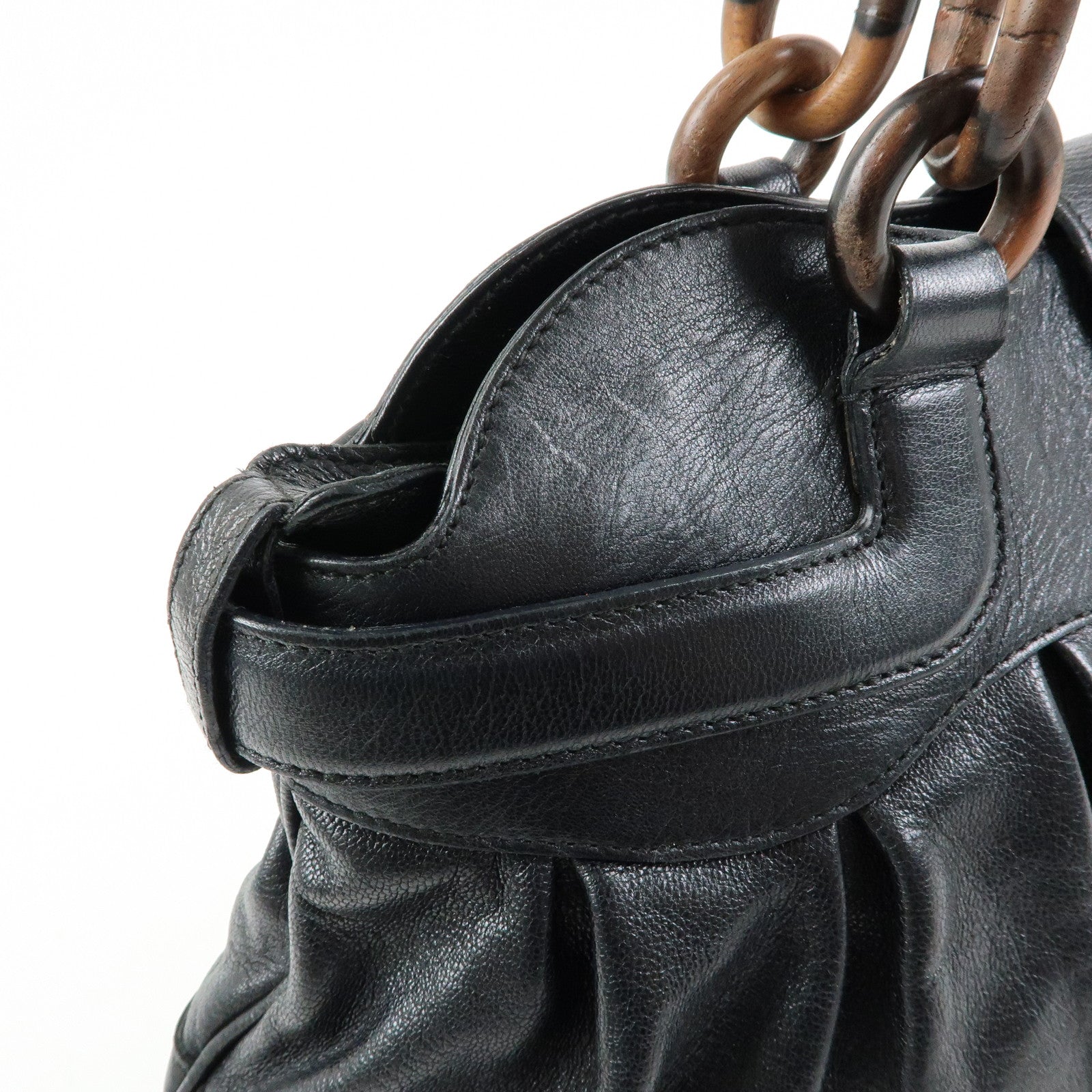 Ferragamo Gancini Leather Wood Shoulder Bag Hand Bag Black Brown
