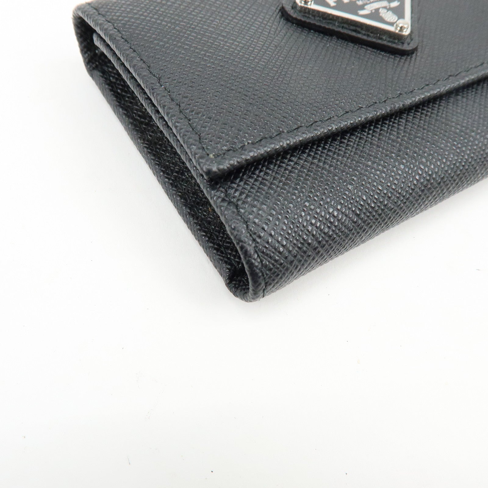 PRADA Triangle Logo Saffiano Leather Key Case Key Ring Black 1PG004