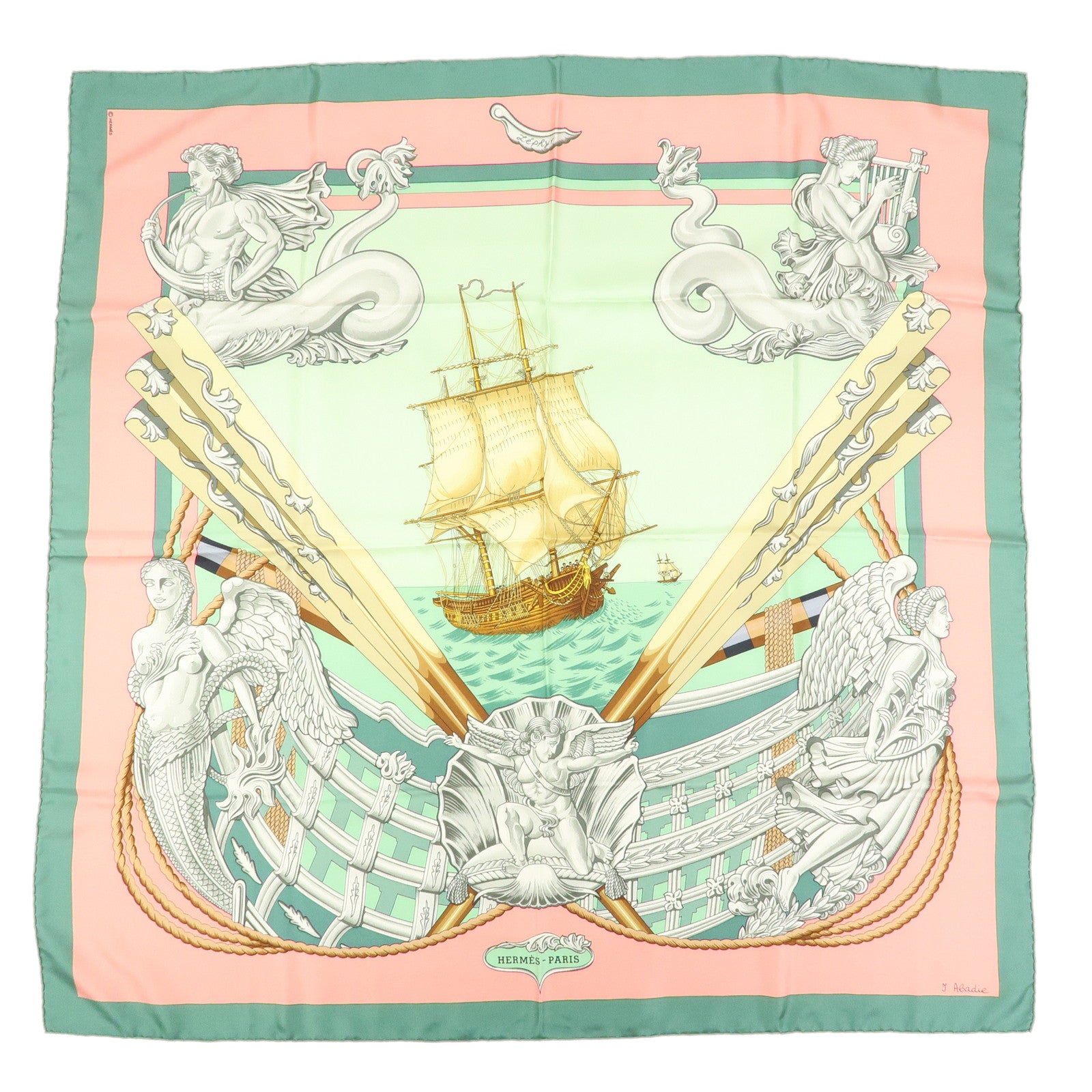 HERMES Carre 90 Silk 100% Scarf Sailing Age Sailing Ship Angel