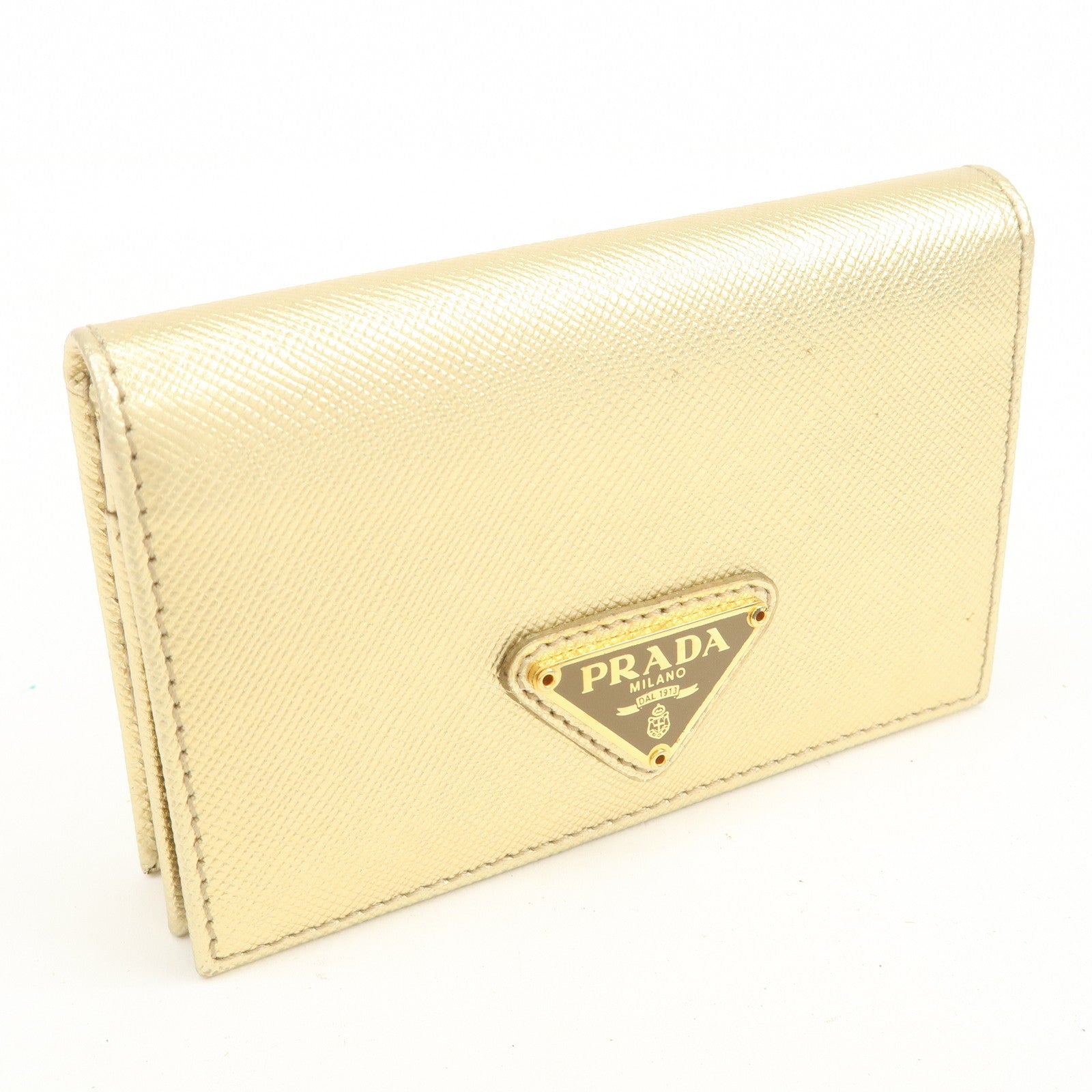 PRADA Triangle Logo Saffiano Leather Card Holder Card Case Gold