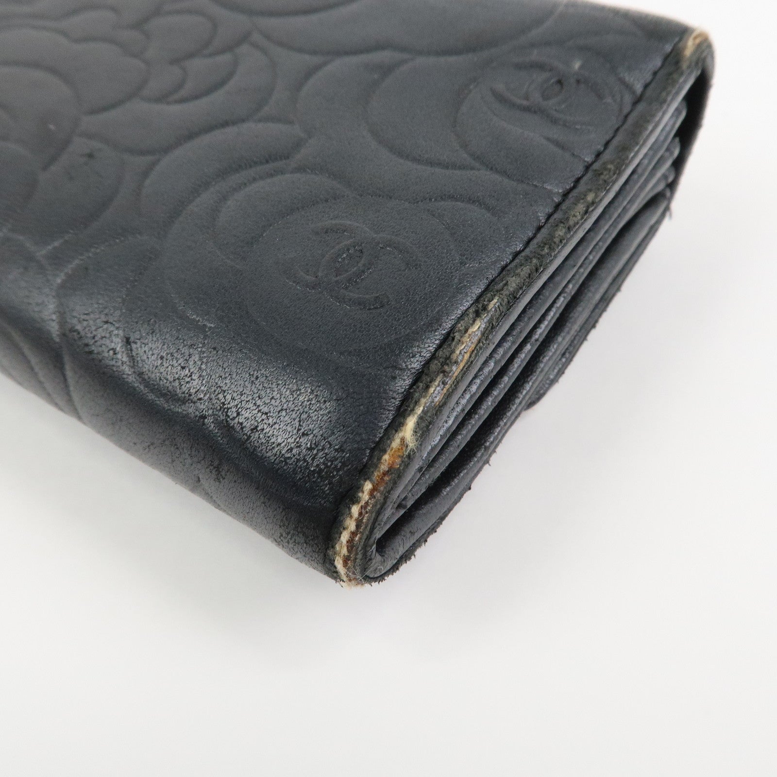 CHANEL Camellia Lambskin Long Wallet Black Silver