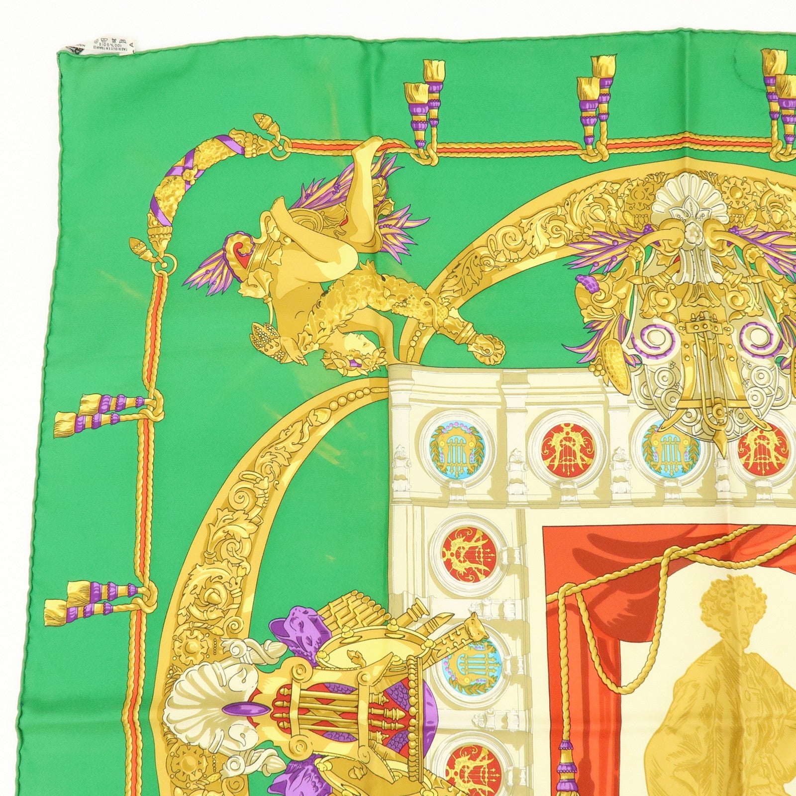 HERMES Carre 90 Set of 2 Silk 100% Scarf Green Gold Ivory
