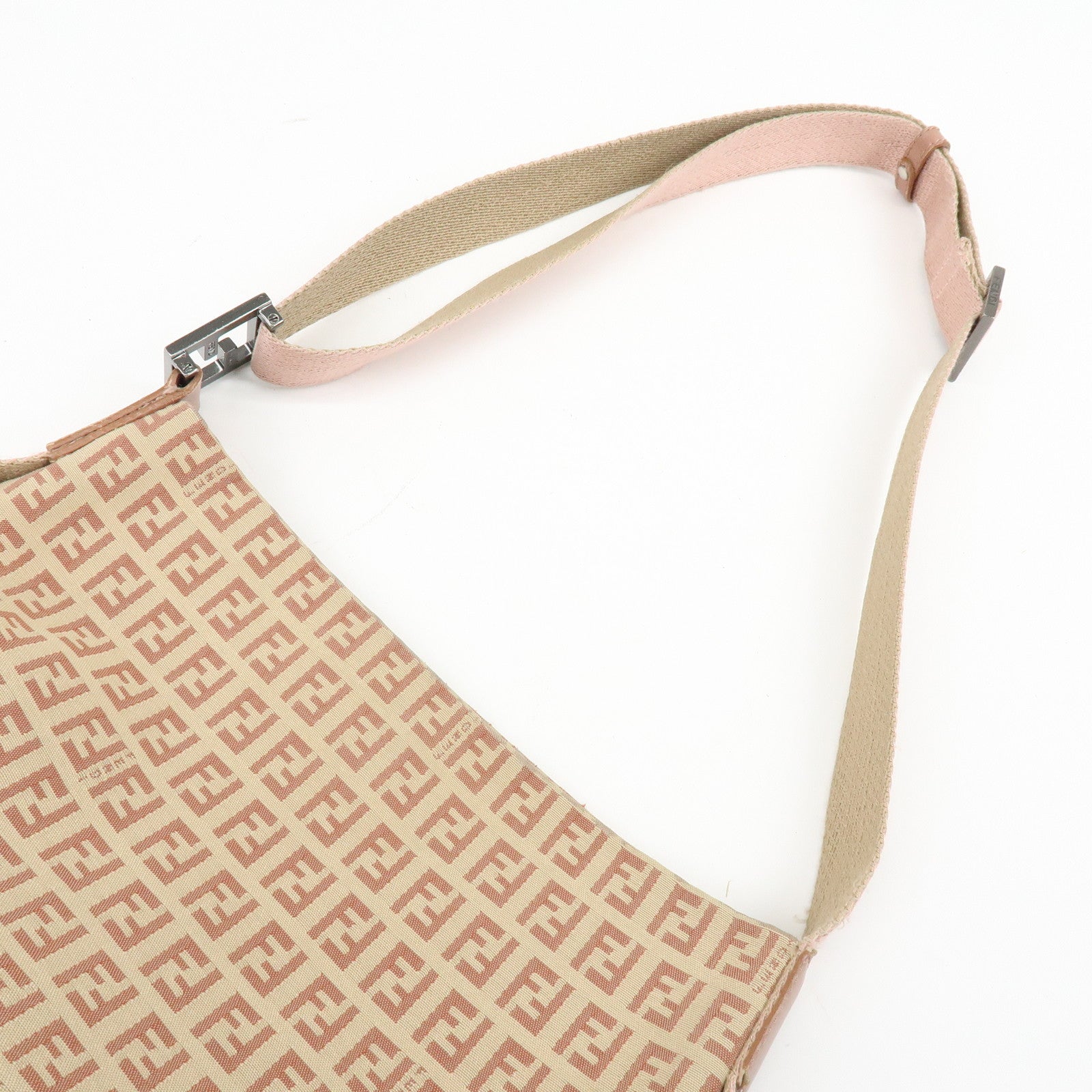 FENDI Zucchino Canvas Leather Shoulder Bag Beige Pink 8BR318