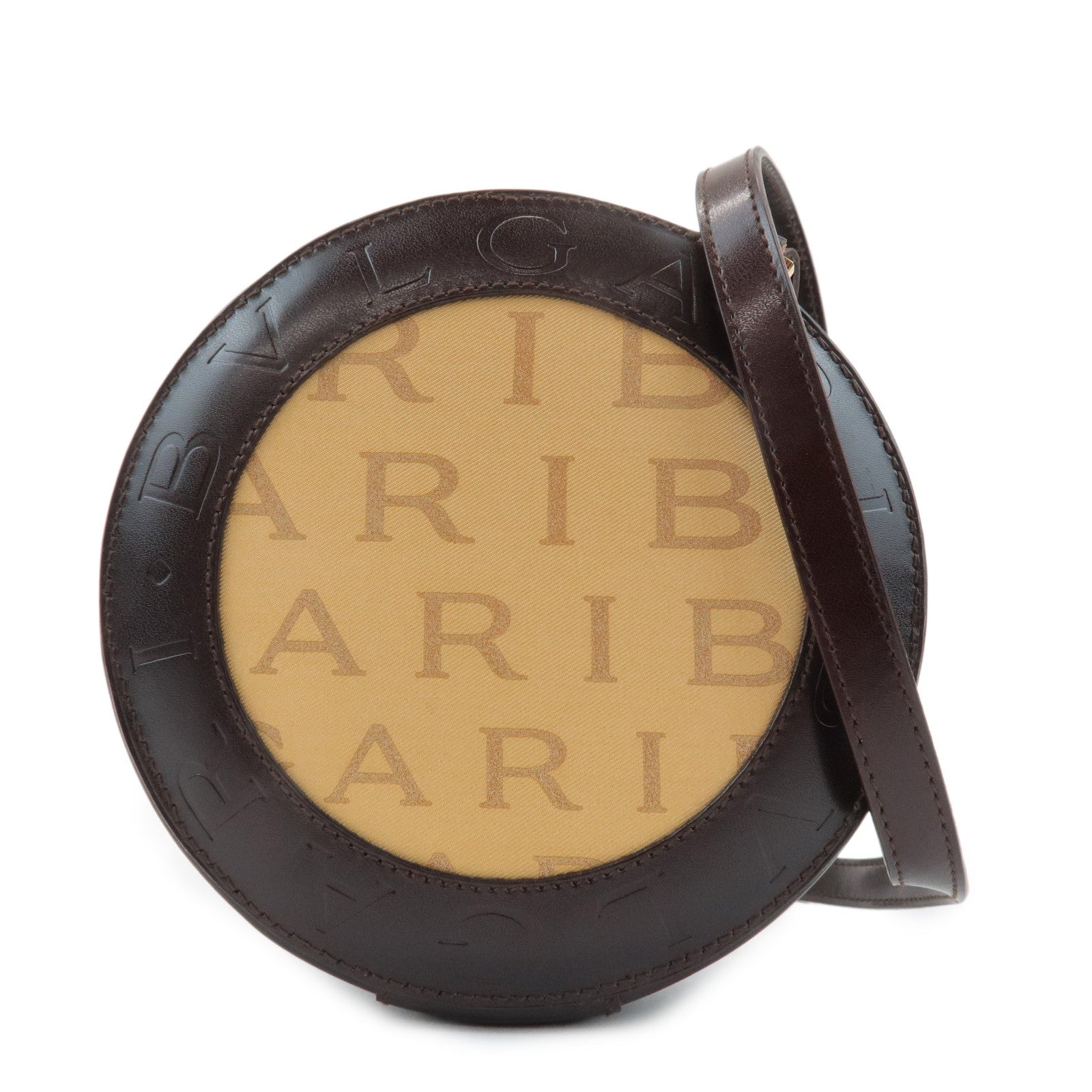 BVLGARI Logo Mania Canvas Leather B-Zero1 Drum Shoulder Bag Brown Used