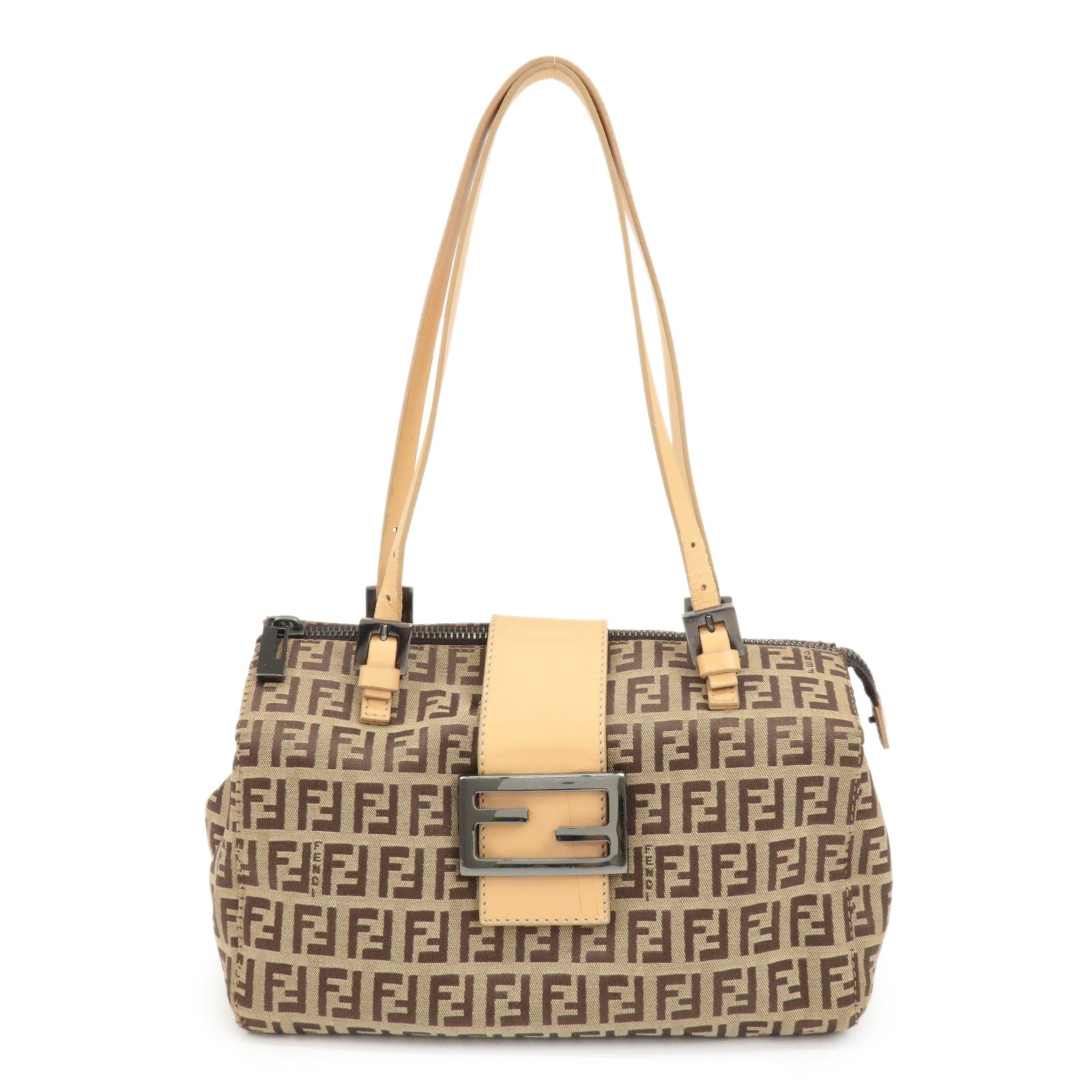 FENDI Zucchino Canvas Leather Shoulder Bag Hand Bag Brown 8BL000 Used