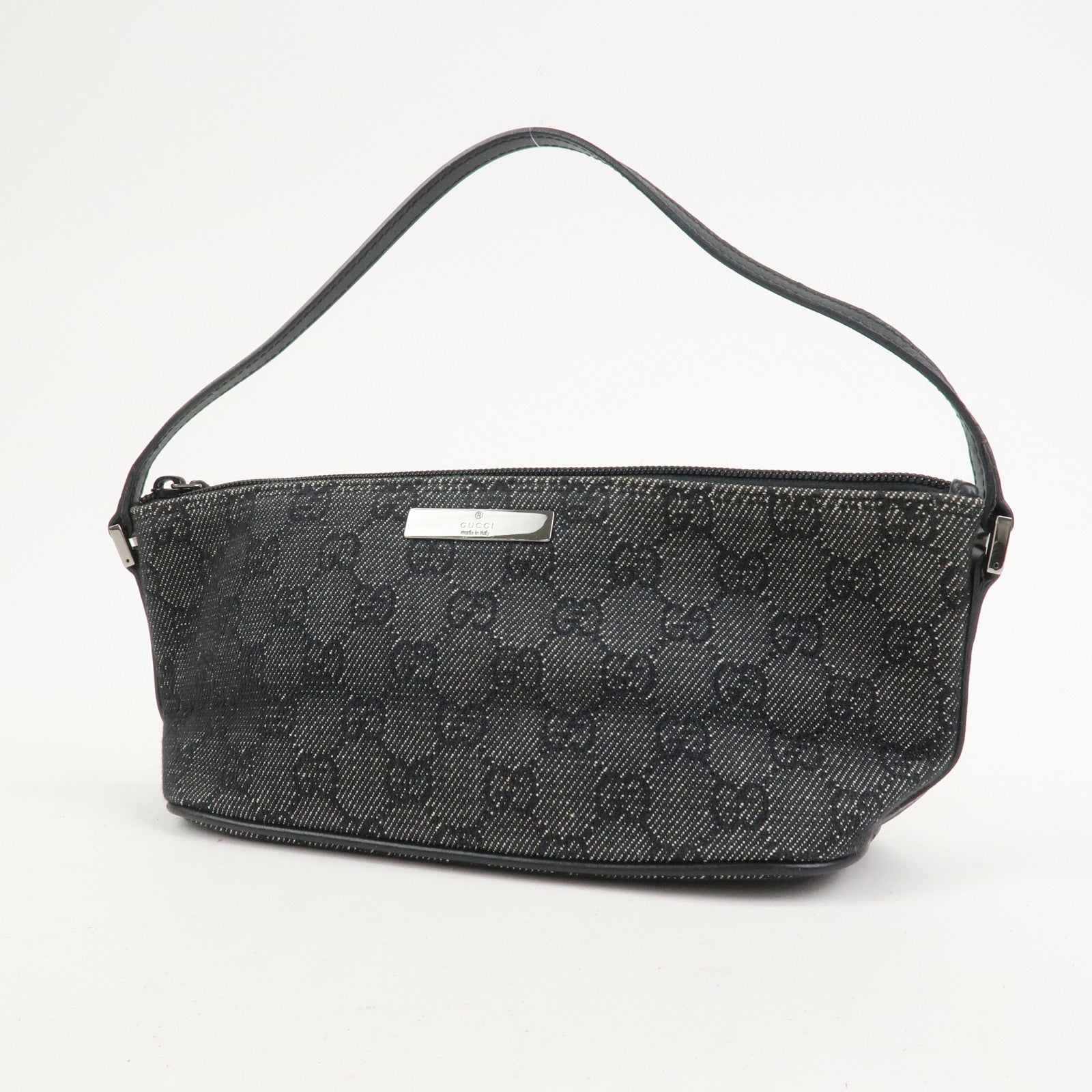 GUCCI Boat Bag Logo GG Canvas Leather Pouch Hand Bag Black 07198