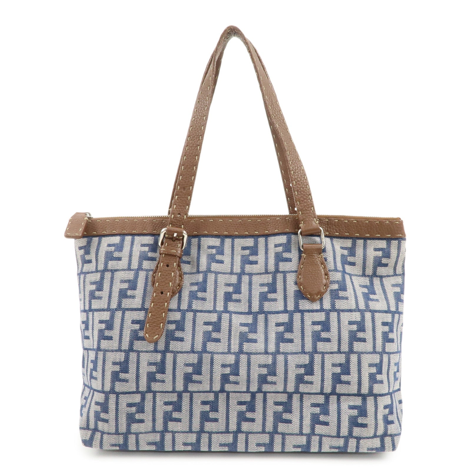 FENDI Zucca Seleria Denim Leather Tote Bag Hand Bag Blue 8BH179