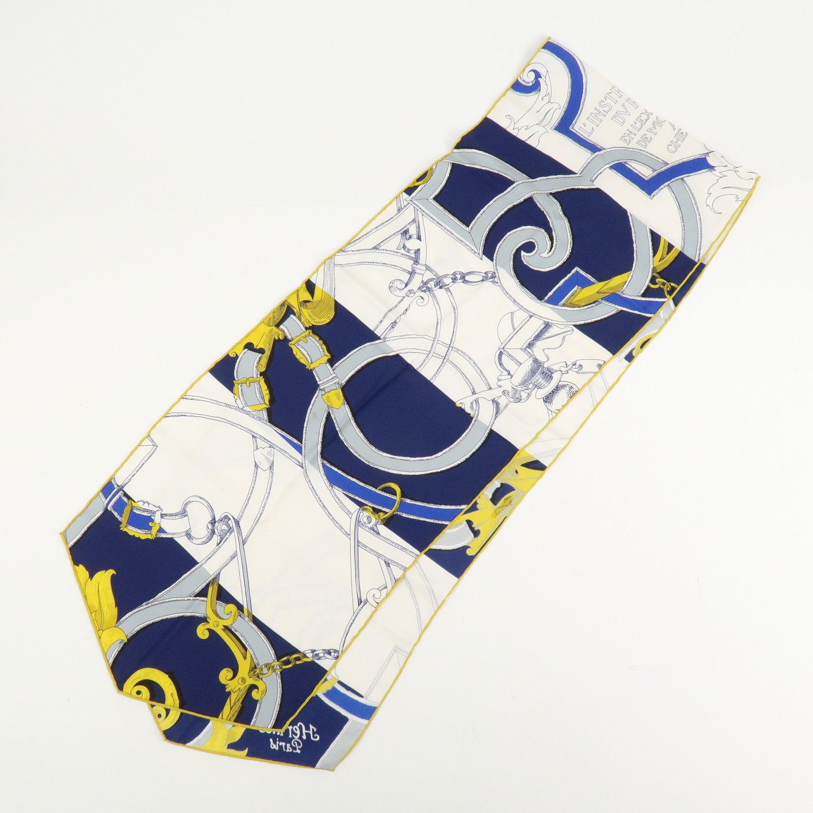 HERMES Maxi Twilly Silk 100% Scarf L'INSTRVCTION DV ROY Blue White