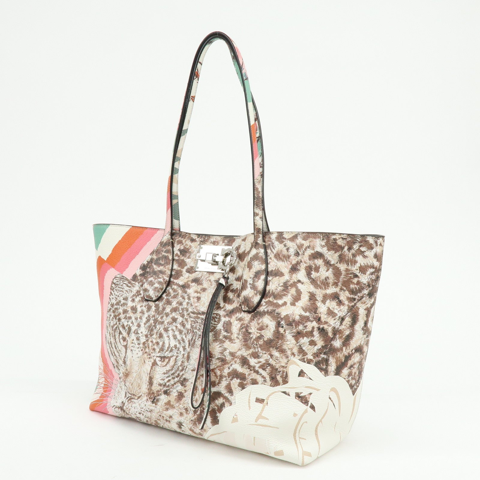 Ferragamo Gancini Leather Tote Bag Shoulder Bag Flower Print