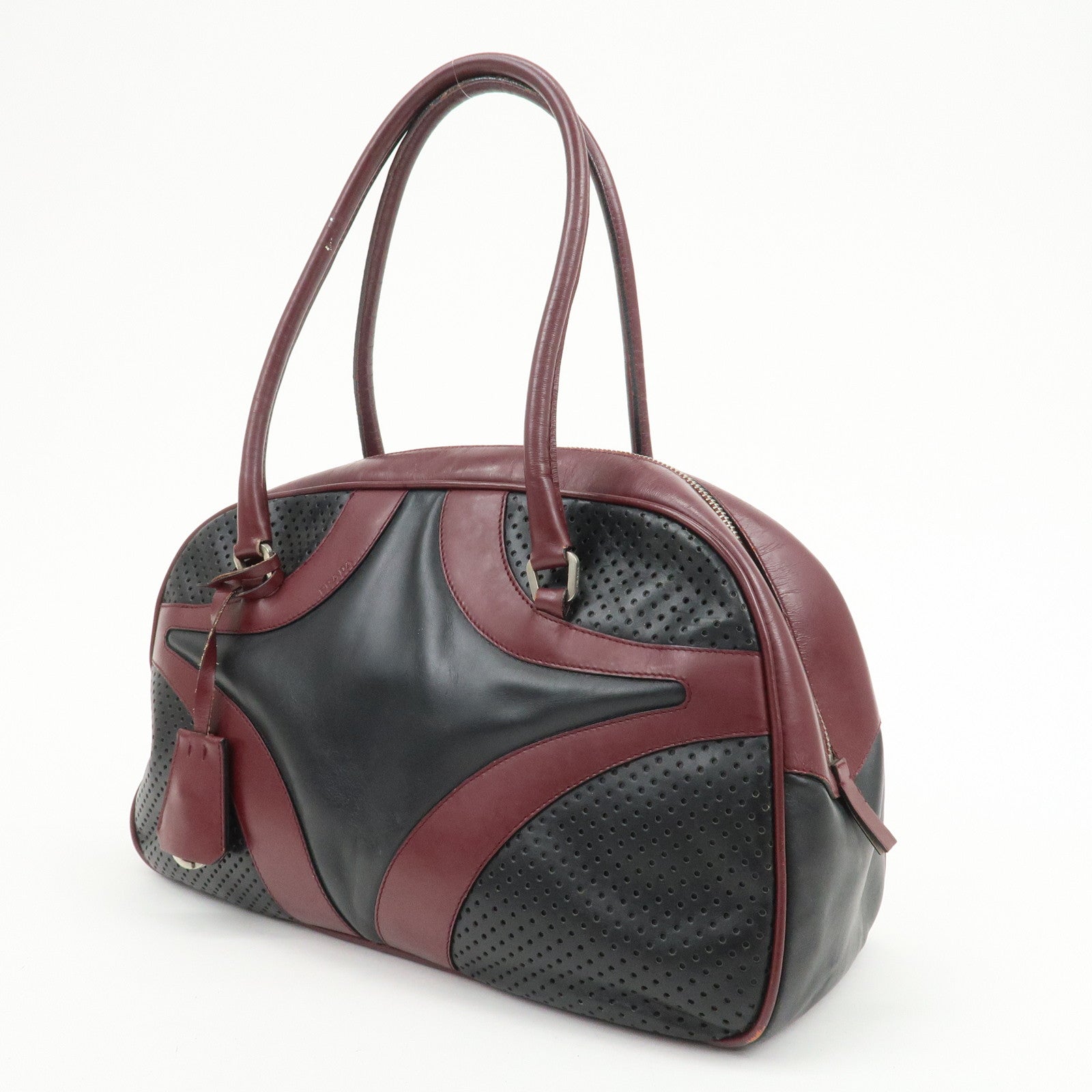 PRADA Leather Boston Bag Bowling Bag Hand Bag Black Bordeaux B10524