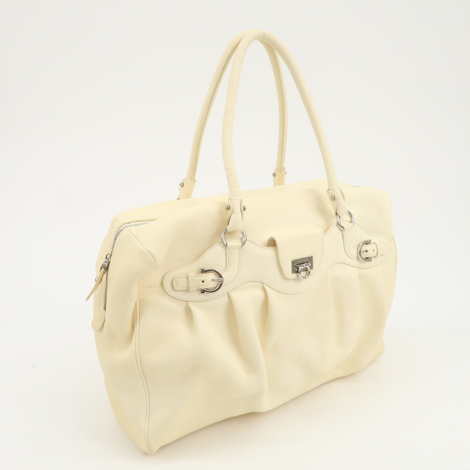 Ferragamo Gancini Logo Leather Shoulder Bag Hand Bag Beige