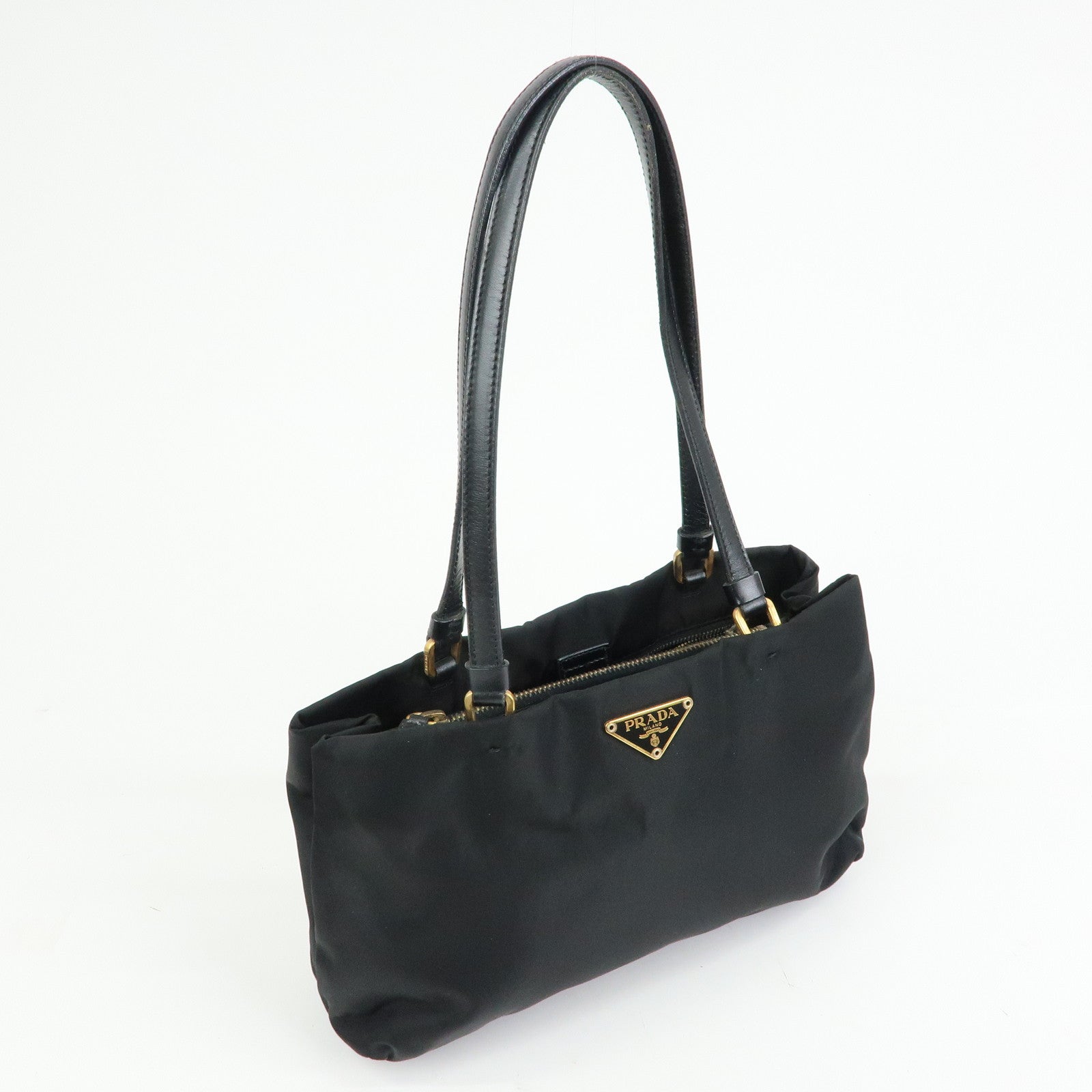 PRADA Triangle Logo Nylon Leather Tote Bag Hand Shoulder Bag Black