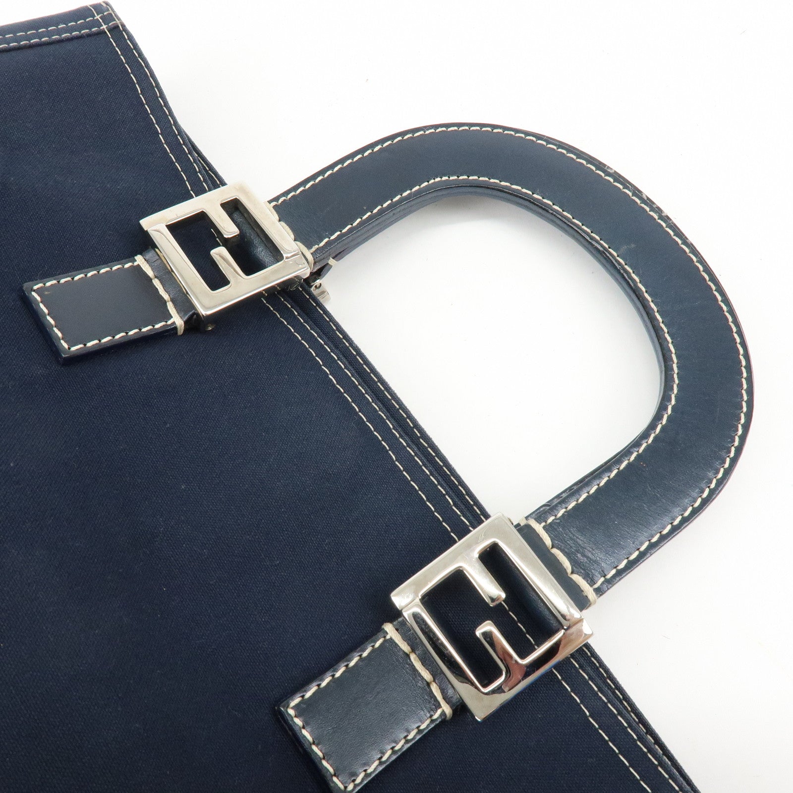 FENDI Canvas Leather Hand Bag Tote Bag Navy