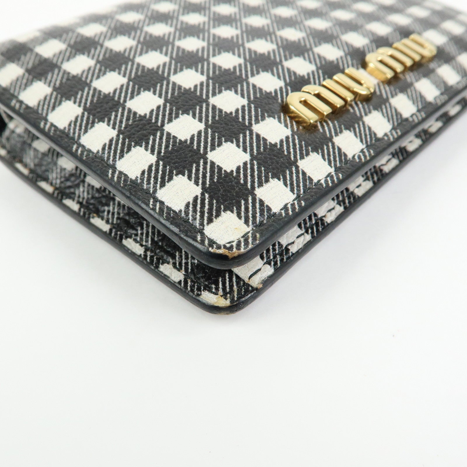 MIU MIU PVC Gingham Bi-fold Compact Wallet Black White 5MV204
