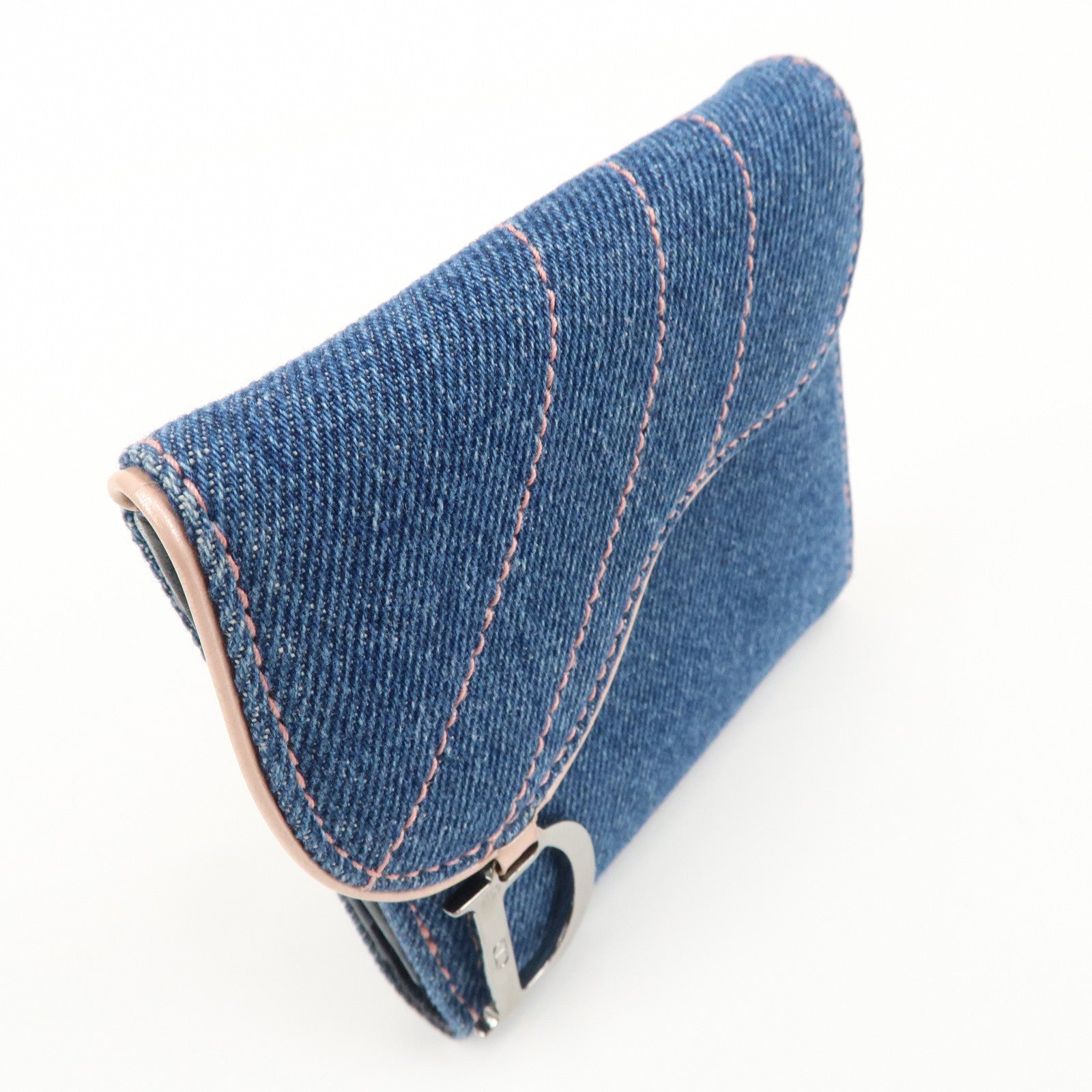 Christian Dior Saddle Lotus Wallet Denim Blue Pink Silver GDW Used