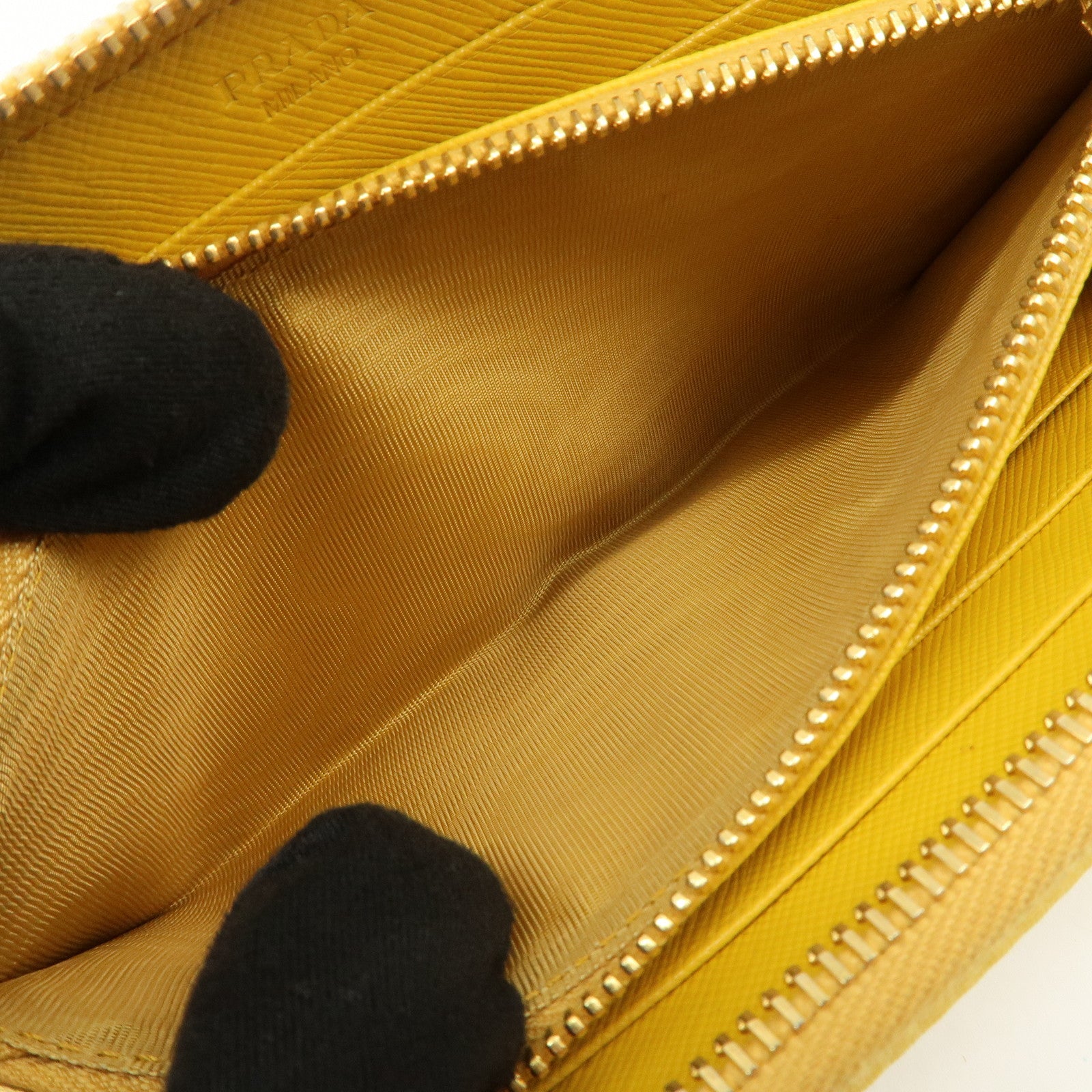 PRADA Triangle Logo Nylon Leather Round Zippy Long Wallet Yellow