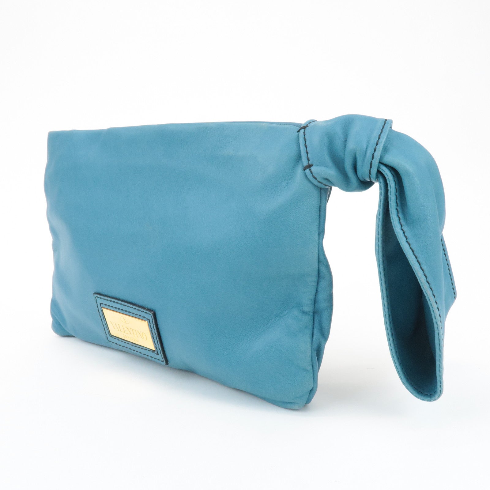 VALENTINO Leather Ribbon Clutch Bag Hand Bag Pouch Blue Used