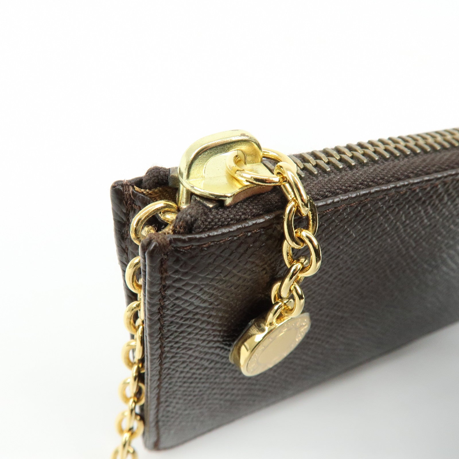 BVLGARI Leather Coin Case Coin Purse Key Chain Dark Brown