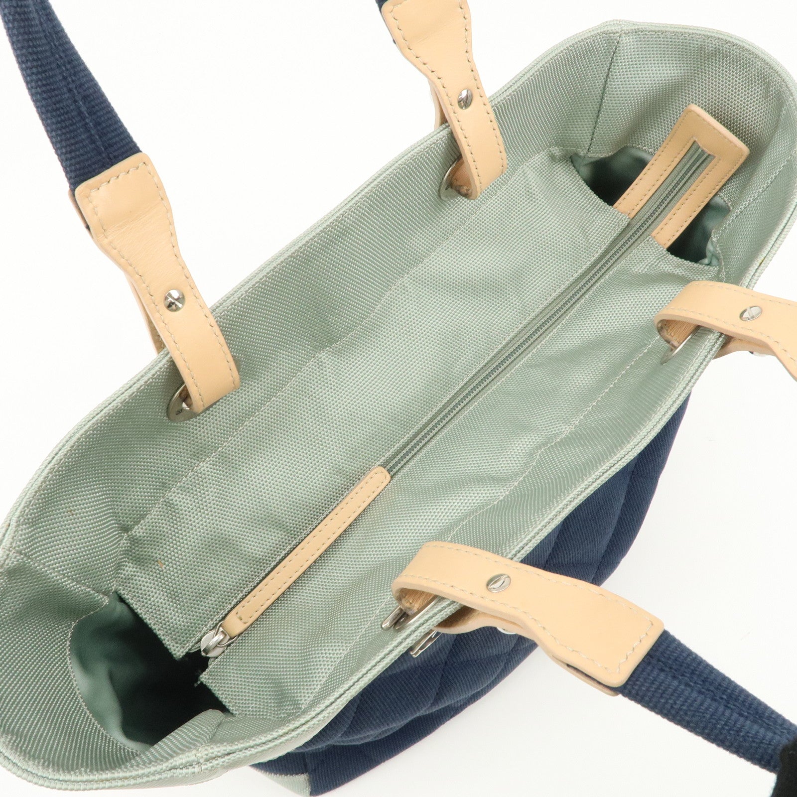 CHANEL Paris Biarritz Canvas Leather Tote Bag MM Navy A43209 Used