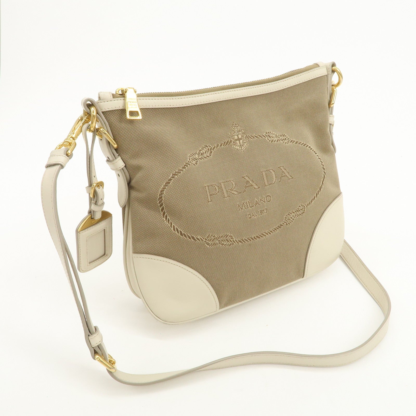 PRADA Logo Jacquard Shoulder Bag Crossbody Bag Beige Ivory BT867A