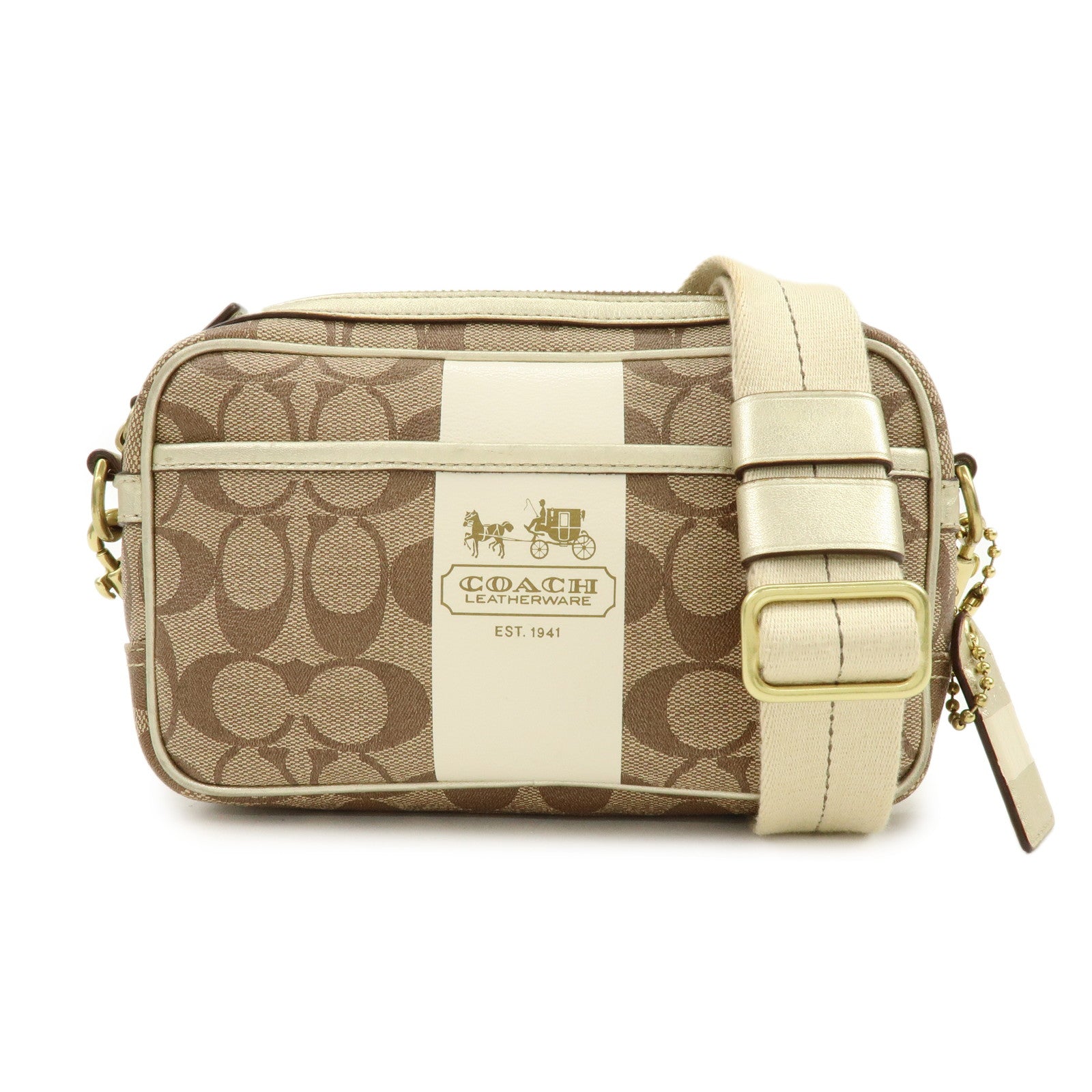 COACH Signature PVC Coated Canvas Leather Shoulder Bag Beige Gold