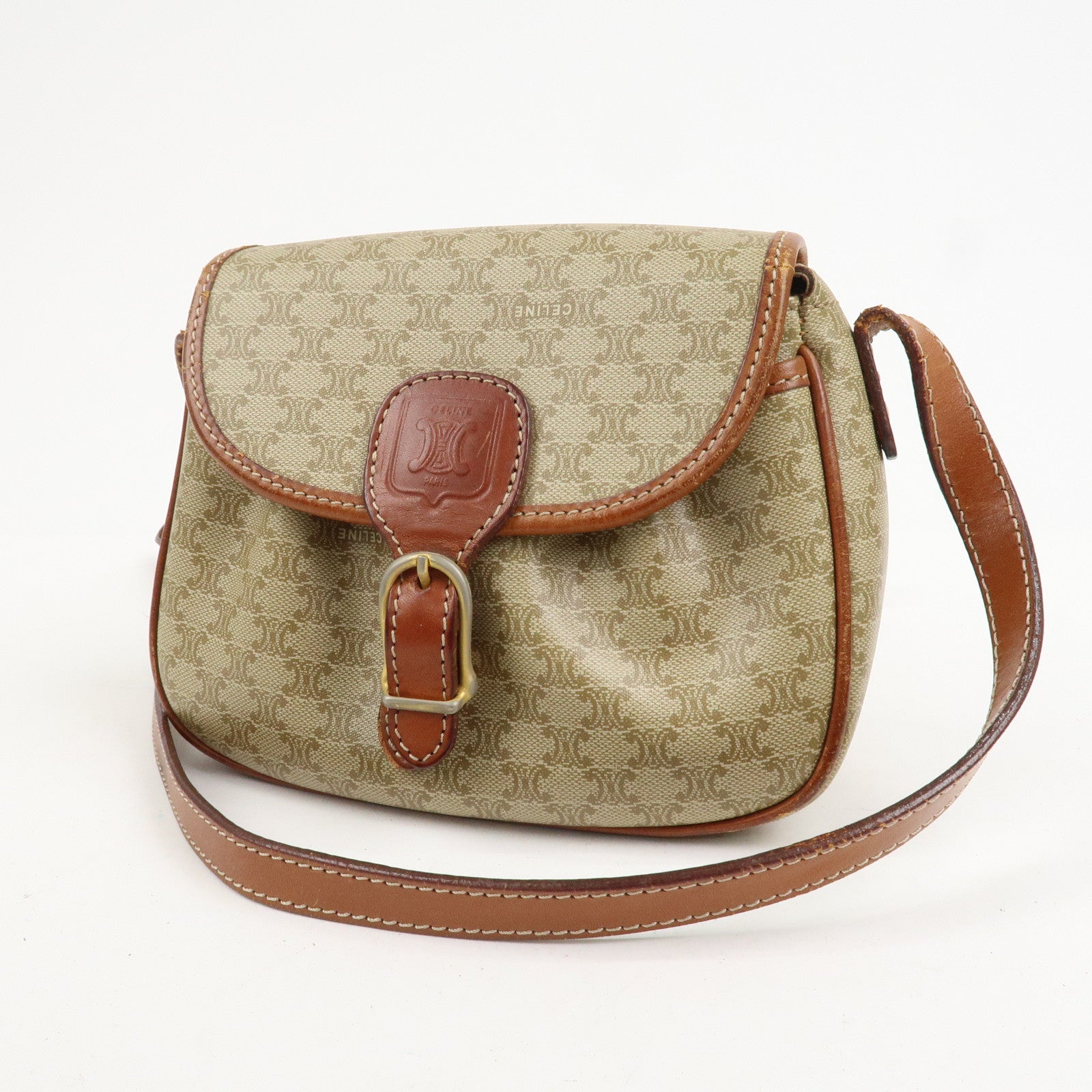 CELINE Macadam PVC Leather Shoulder Bag Beige Brown Gold HDW