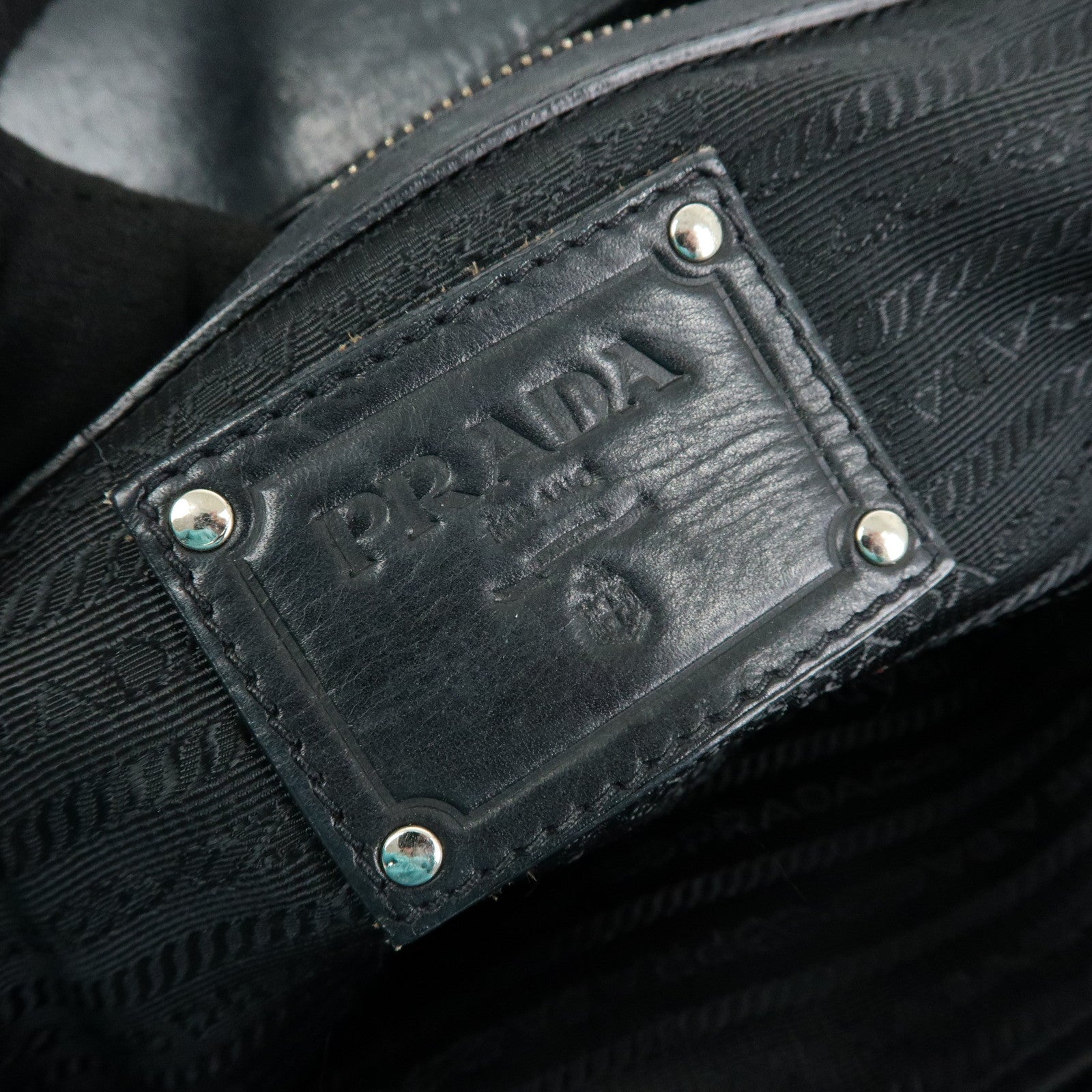 PRADA Logo Leather Shoulder Bag Tote Bag Black Silver