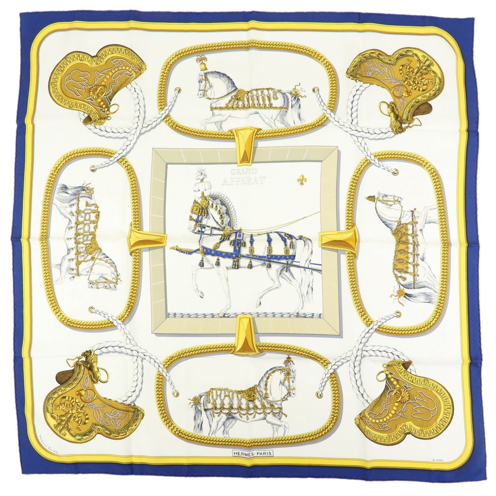 HERMES Carre 90 Silk 100% Scarf GRAND APPARAT White Yellow Navy