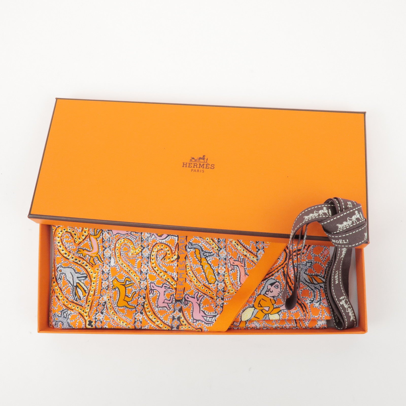 HERMES Maxi Twilly Silk 100% Scarf Animal Motif Orange