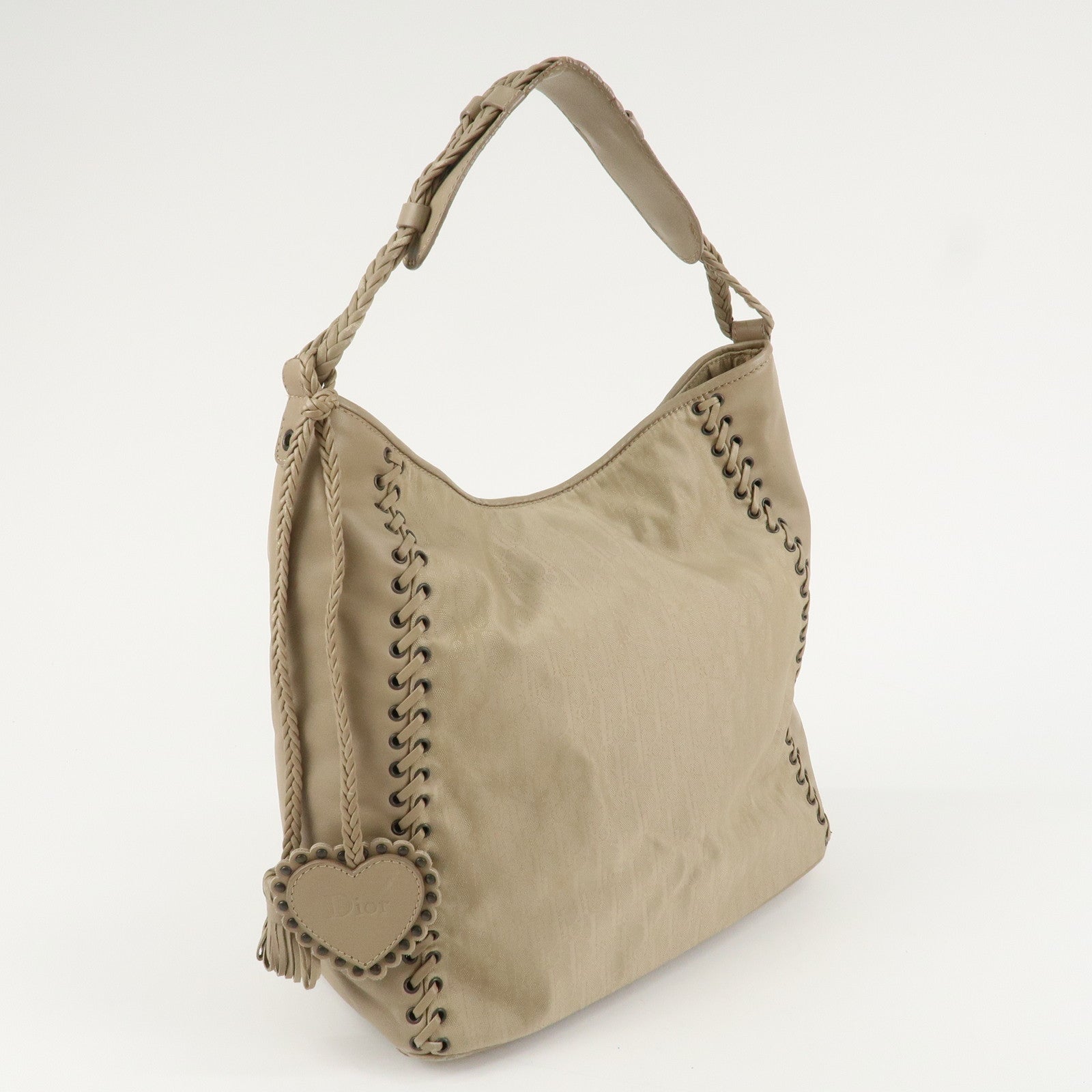 Christian Dior Trotter Canvas Leather Shoulder Bag Heart Charm Beige Used