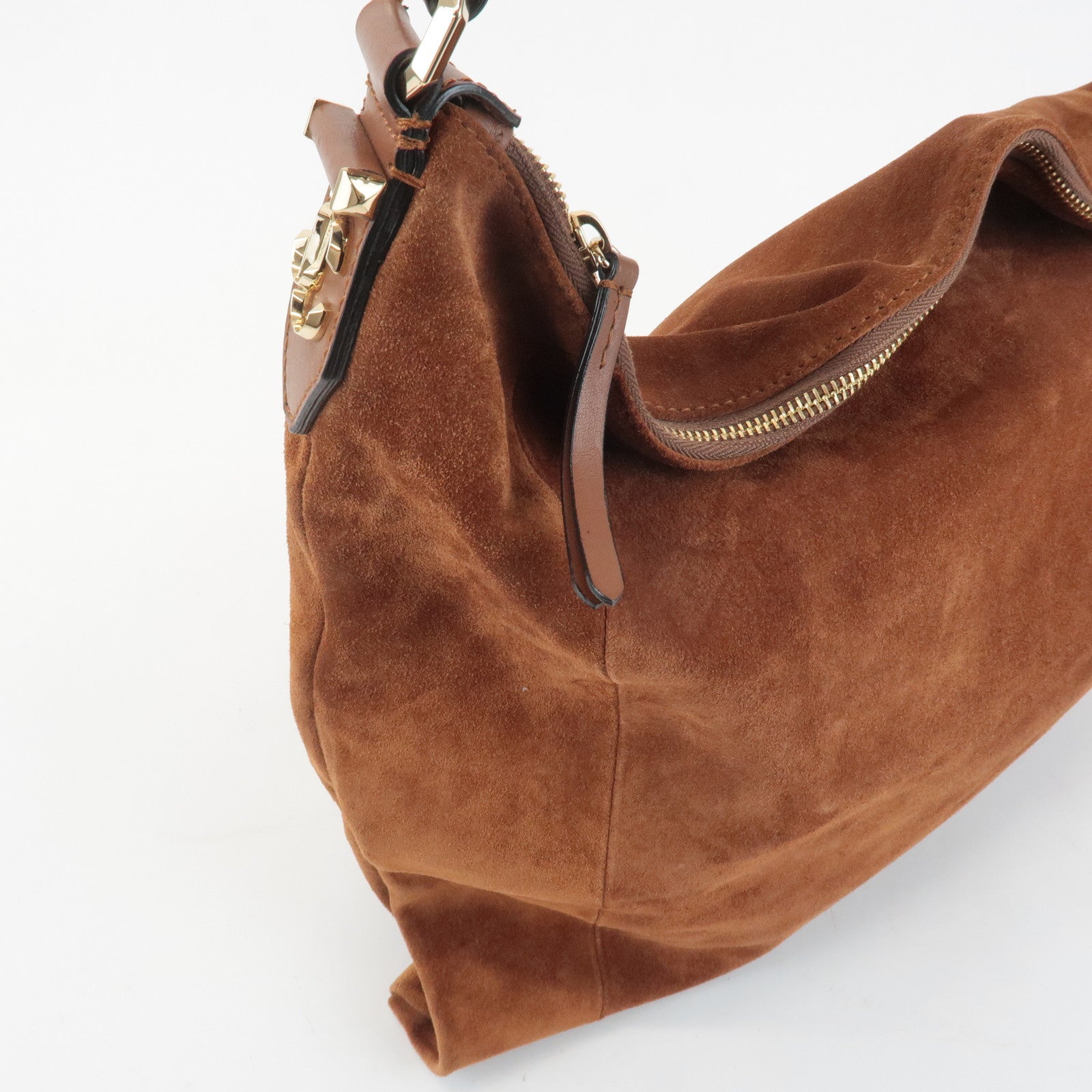 JIMMY CHOO Logo Suede Leather Shoulder Bag Hand Bag Brown Used