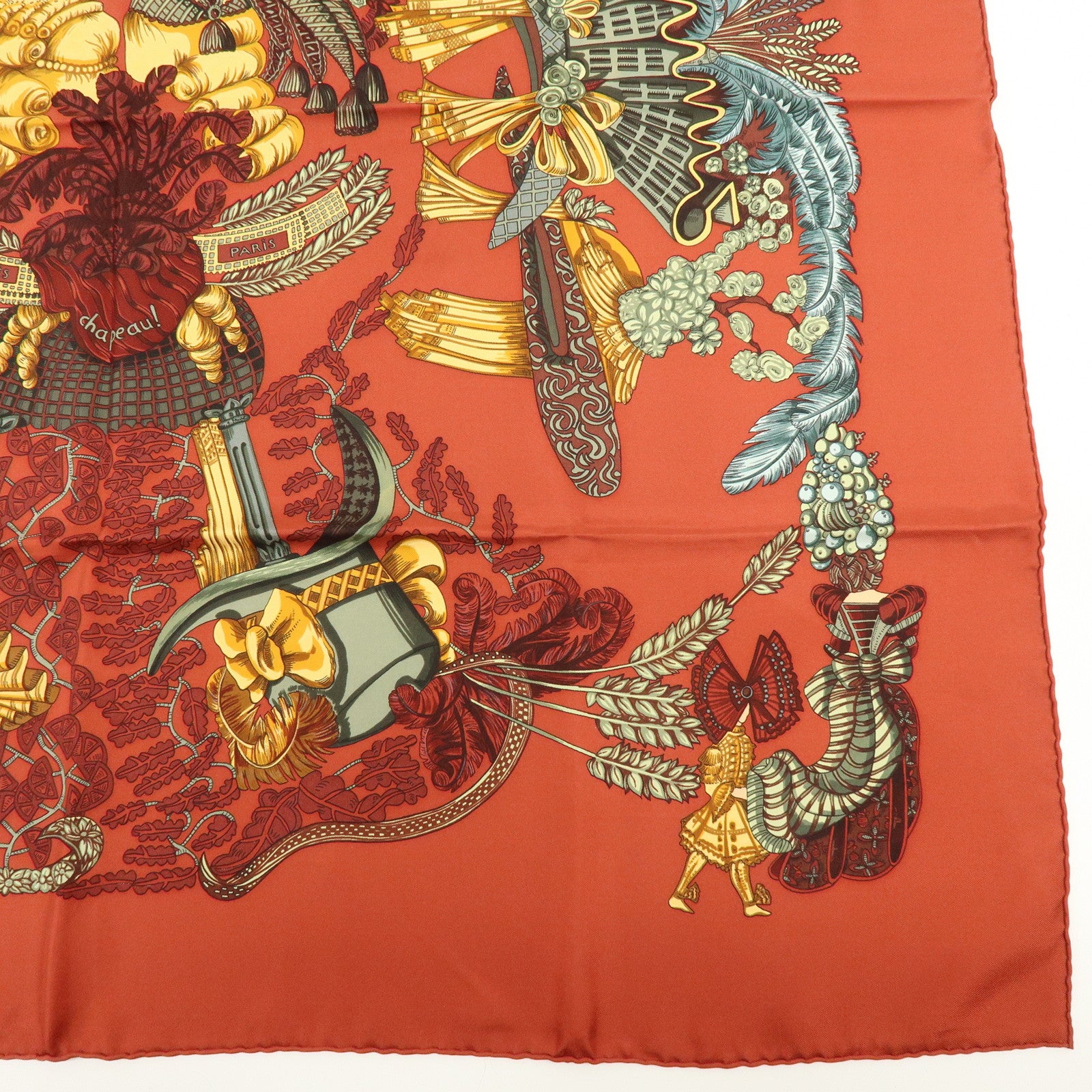 HERMES Carre 90 Silk 100% Scarf chapeau Scarf Red Brown