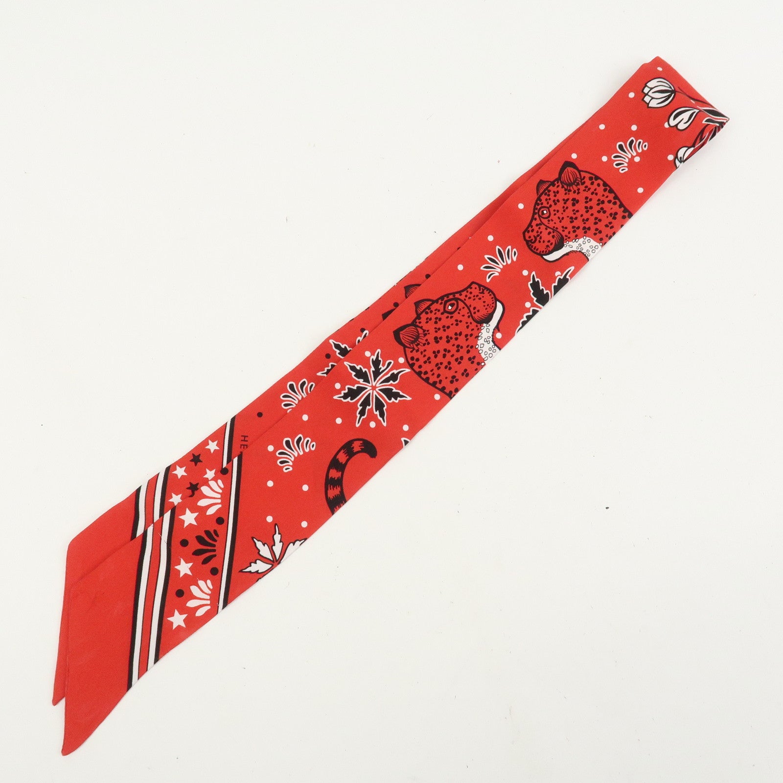 HERMES Twilly Silk 100% Scarf LES LEOPARDS Red Black White
