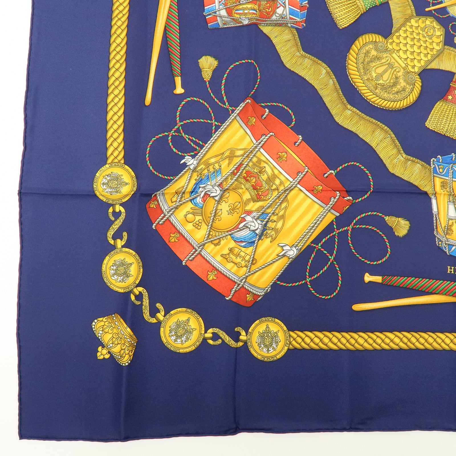 HERMES Carre 90 Silk 100% Scarf LES TAMBOURS Navy Gold