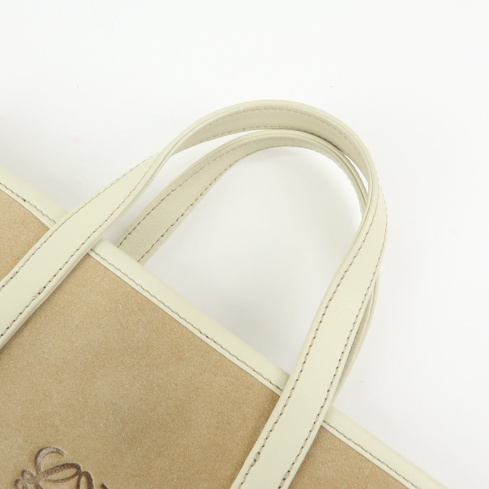 LOEWE Anagram Suede Leather Tote Bag Hand Bag Beige White