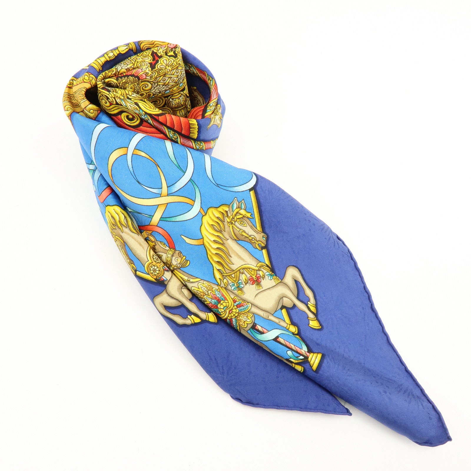 HERMES Carre 90 Silk 100% LUNA PARK Scarf Blue Gold