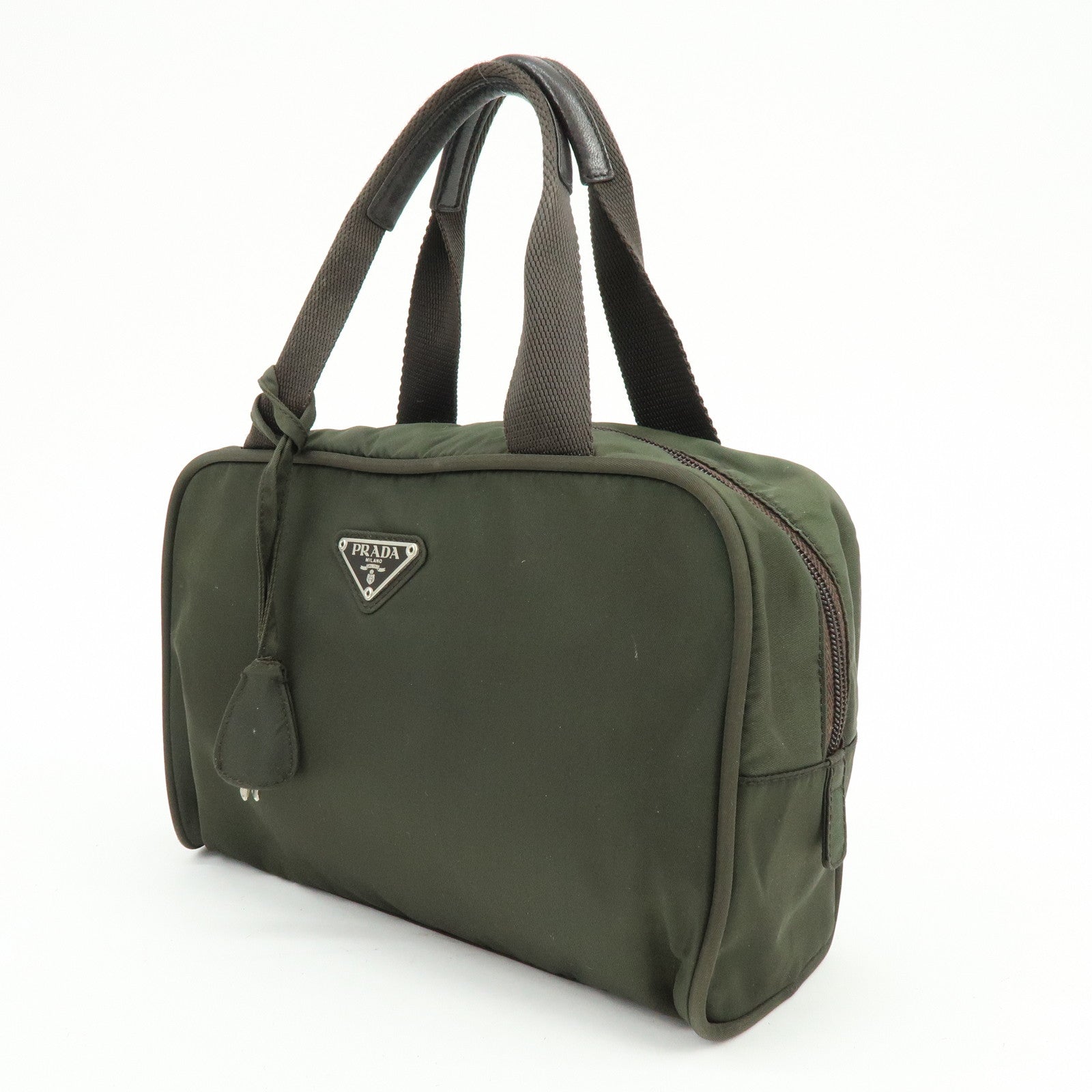 PRADA Triangle Logo Nylon Leather Hand Bag Tote Boston Bag Khaki