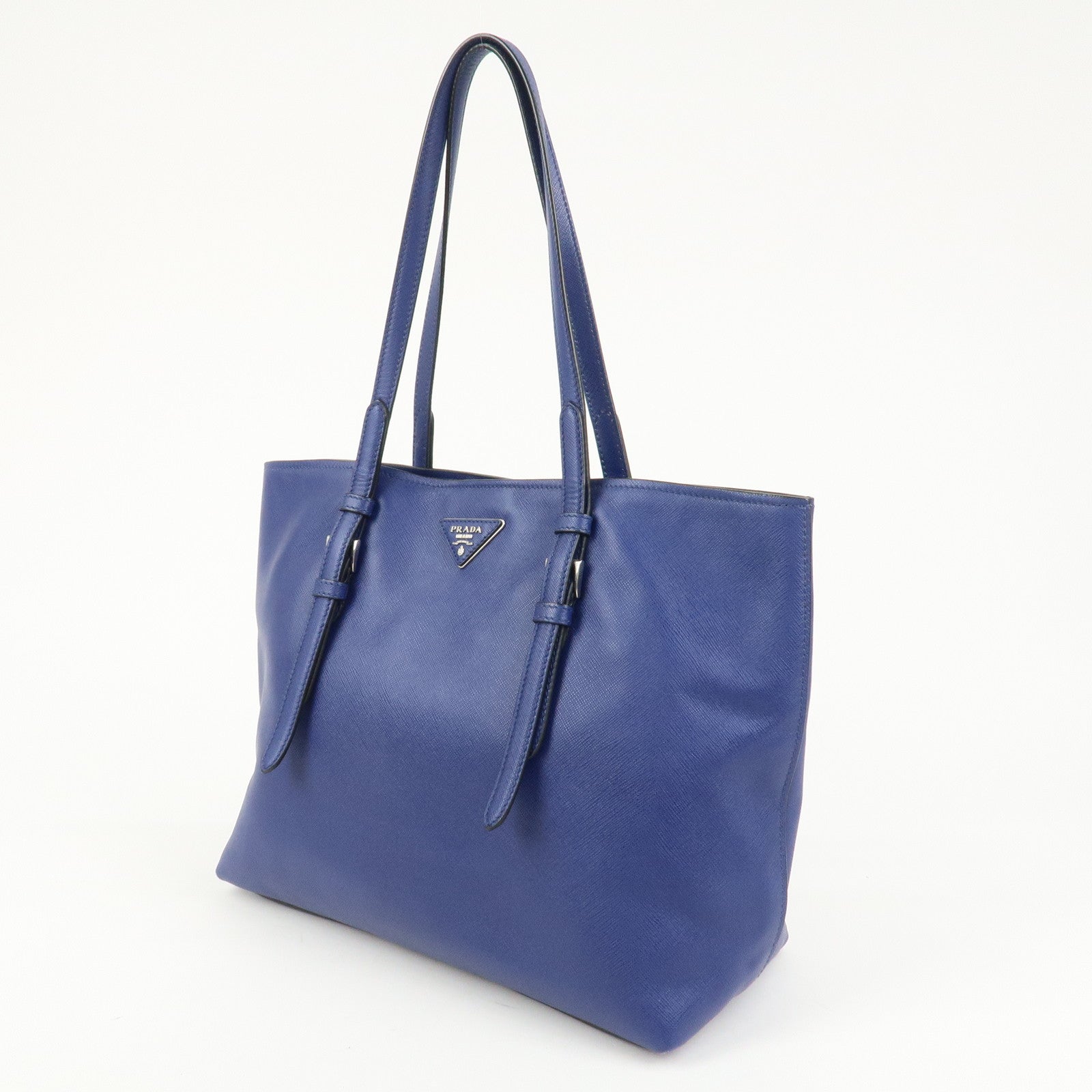PRADA Triangle Logo Saffiano Leather Tote Shoulder Bag Blue 1BG133