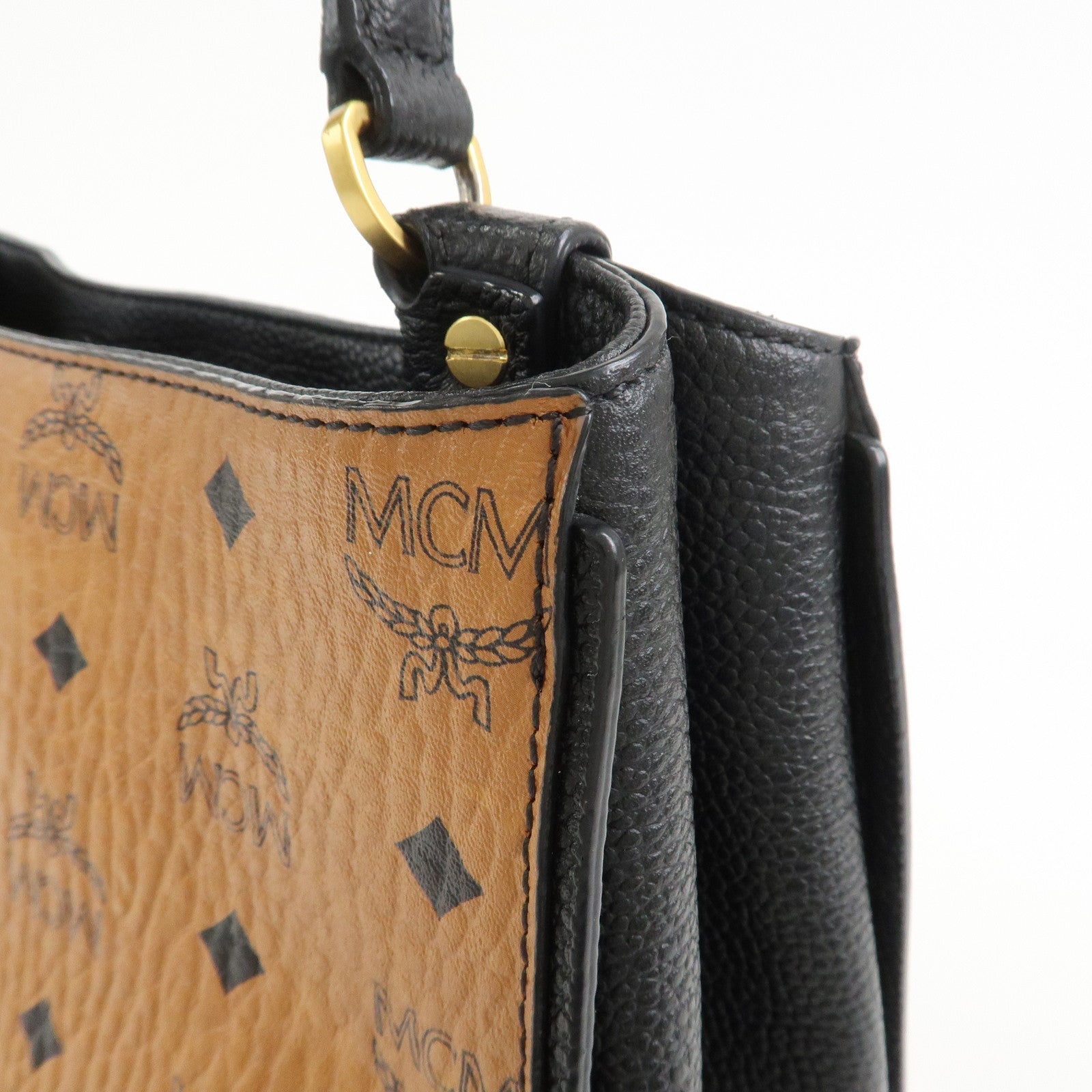 MCM Leather 2Way Bag Hand Bag Shoulder Bag Camel Black