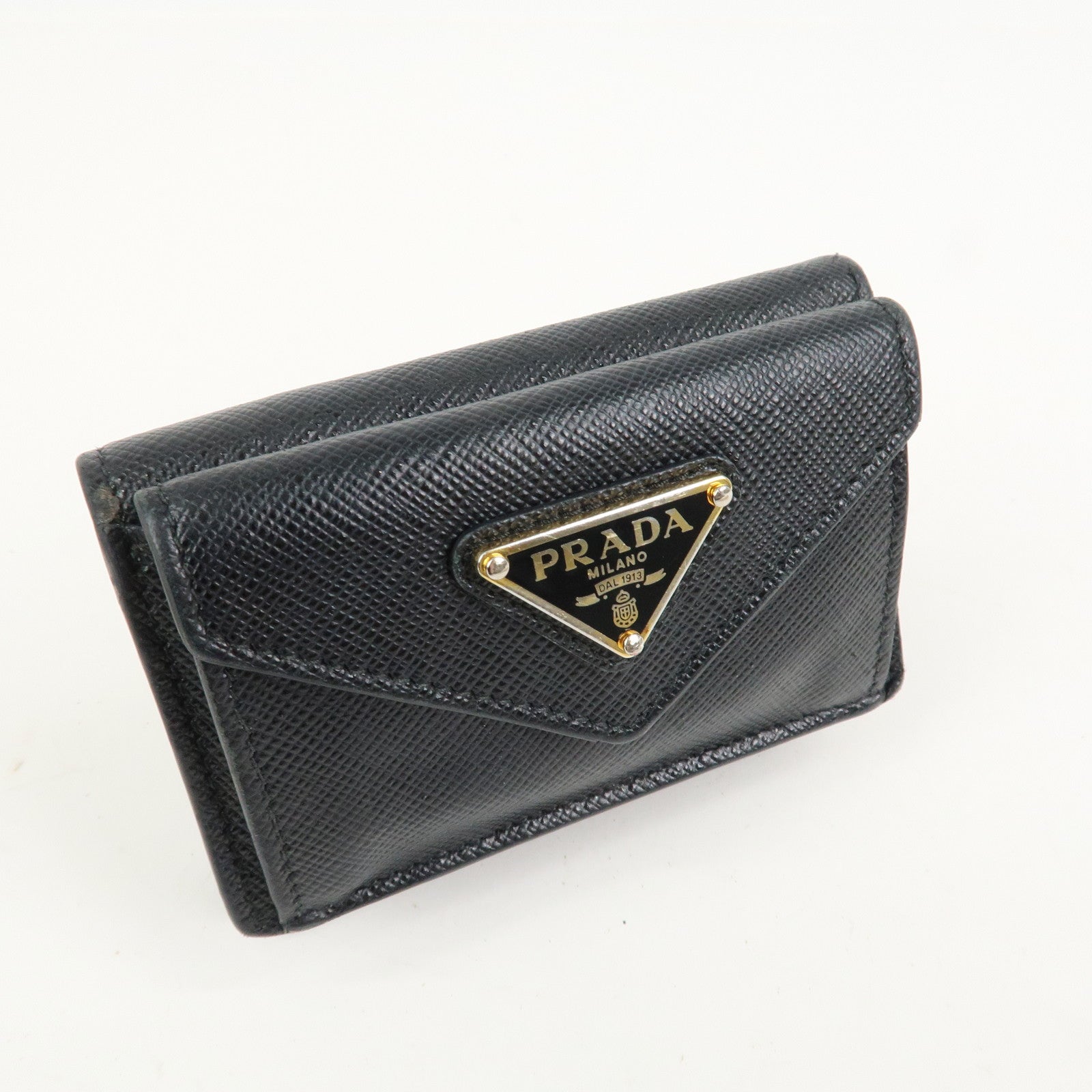 PRADA Triangle Logo Saffiano Leather Tri-fold Wallet Black 1MH021