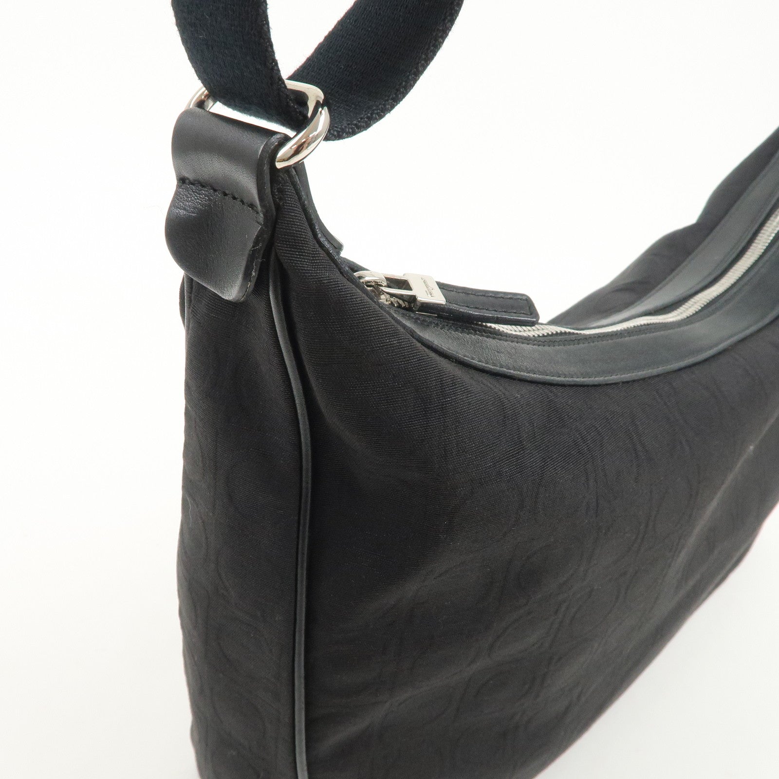 Ferragamo Gancini Logo Nylon Canvas Leather Shoulder Bag Black