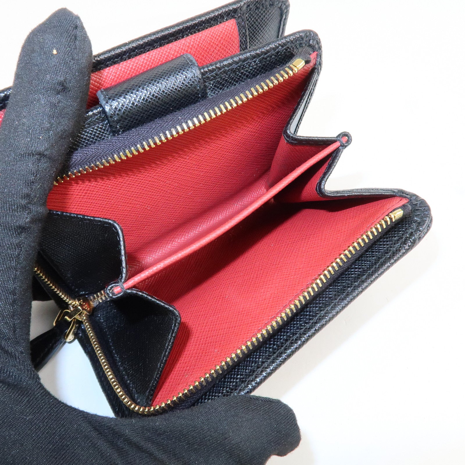 PRADA Saffiano Leather Bi-Fold Wallet Black Red Gold 1ML018 Used