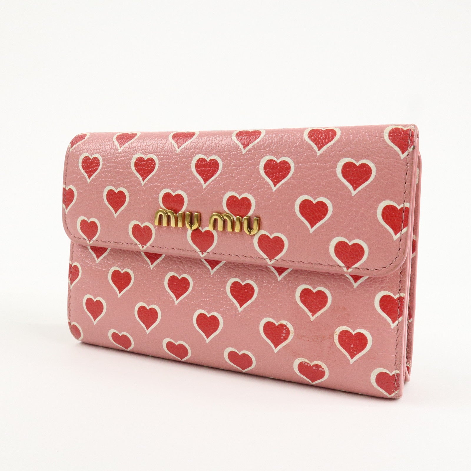 MIU MIU Leather Heart Bi-fold Wallet Pink Red 5ML014 Used