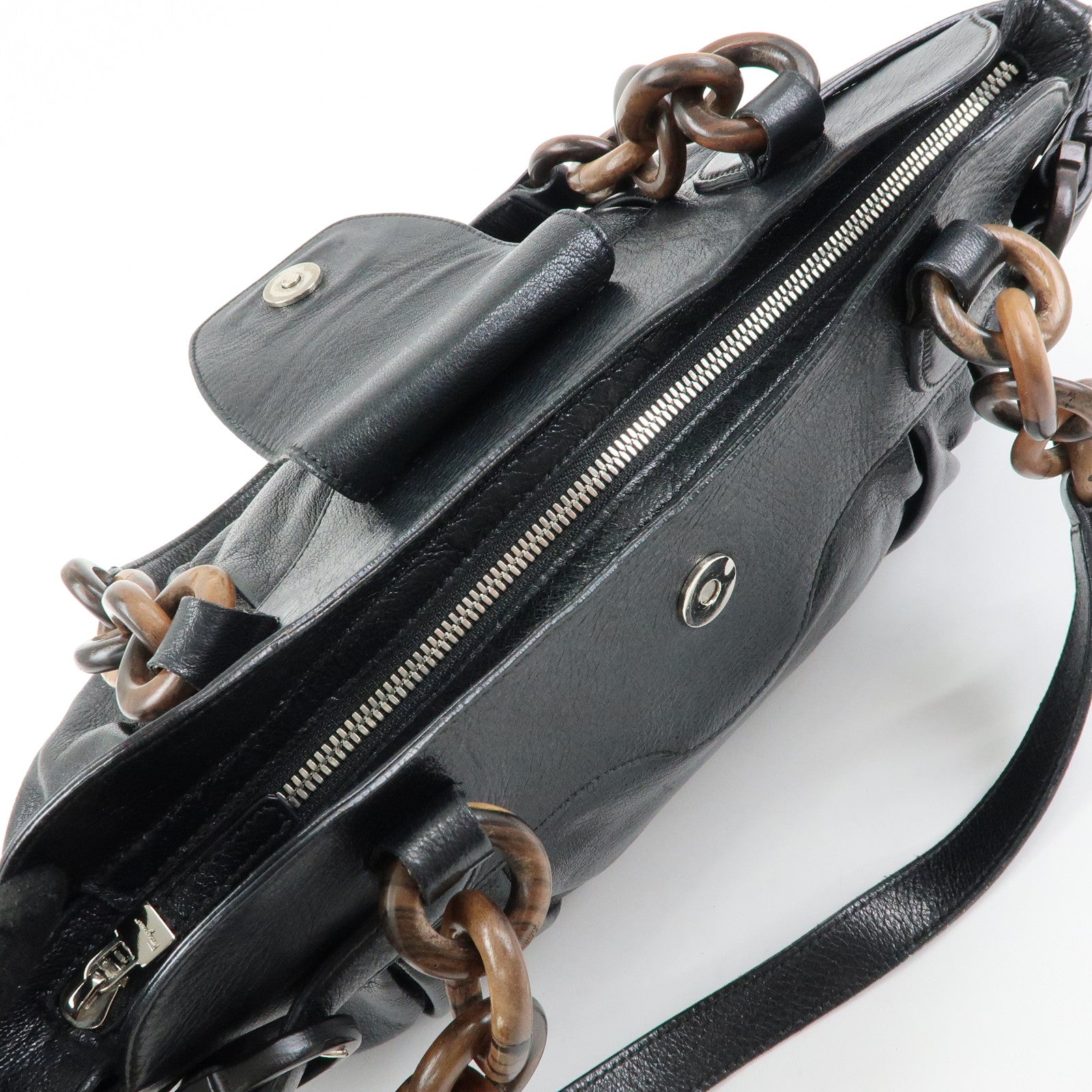 Ferragamo Gancini Leather Wood Shoulder Bag Hand Bag Black Brown