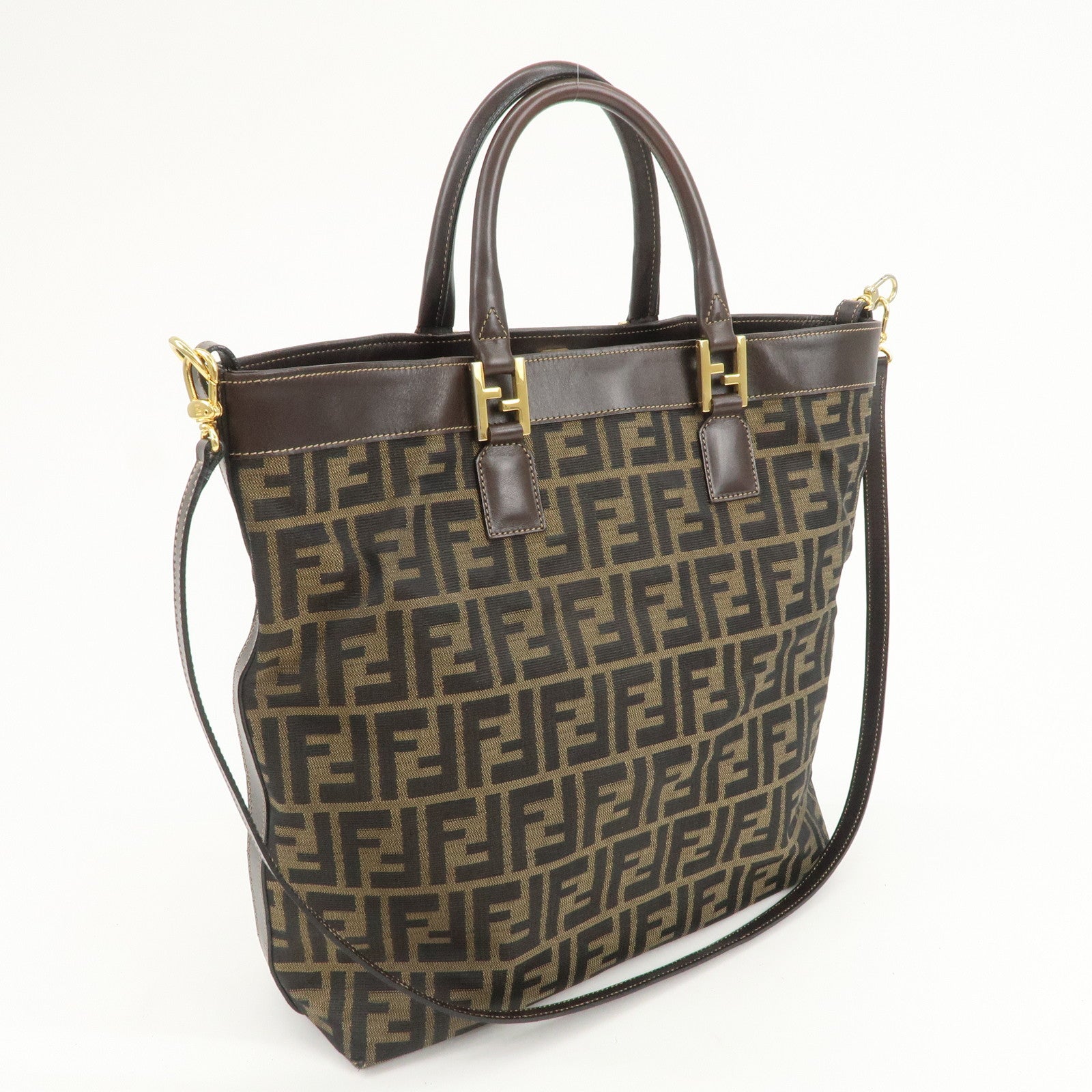 FENDI Zucca Canvas Leather 2Way Bag Hand Bag Shoulder Bag Brown