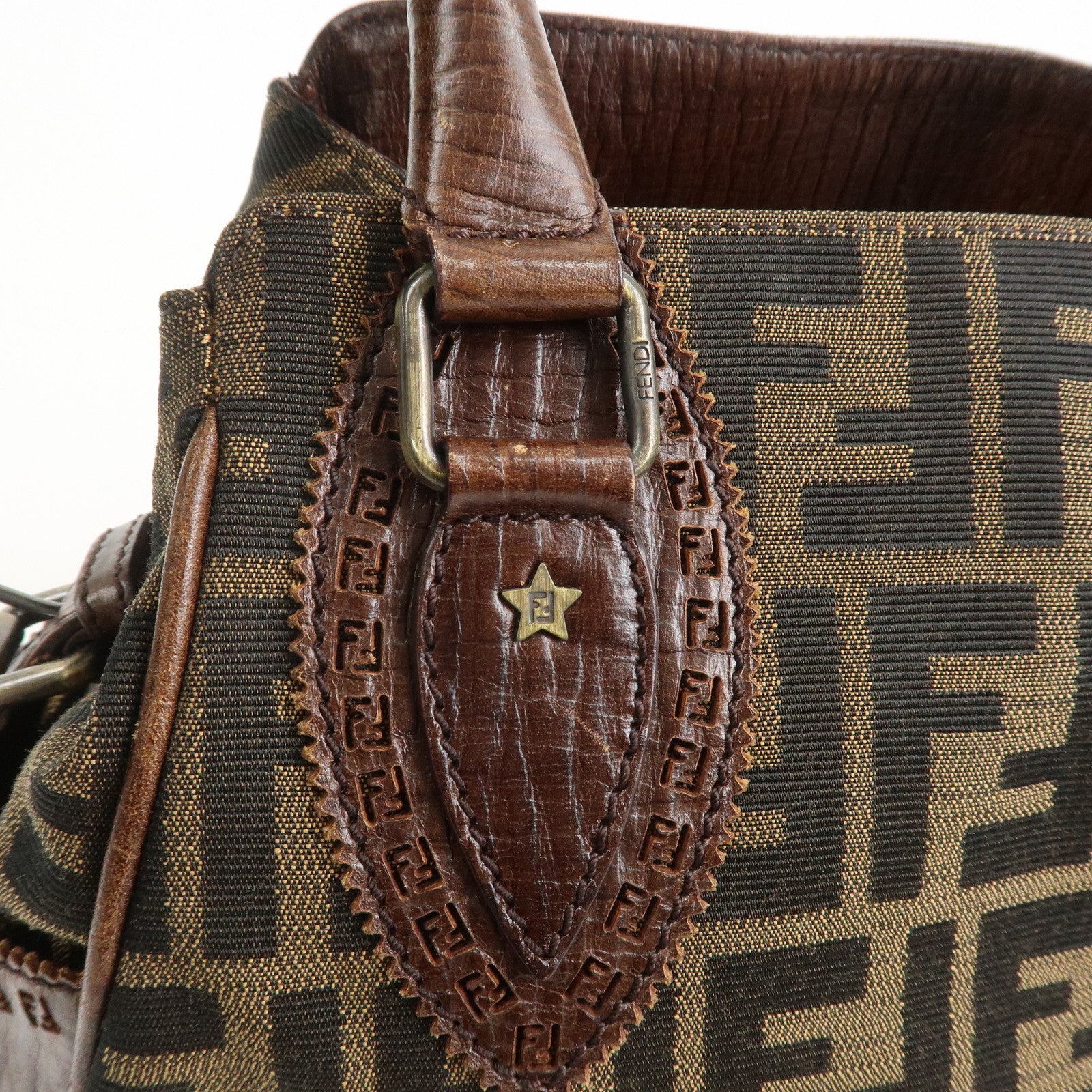 FENDI Etnico Canvas Leather Shoulder Bag Brown Black 8BN157